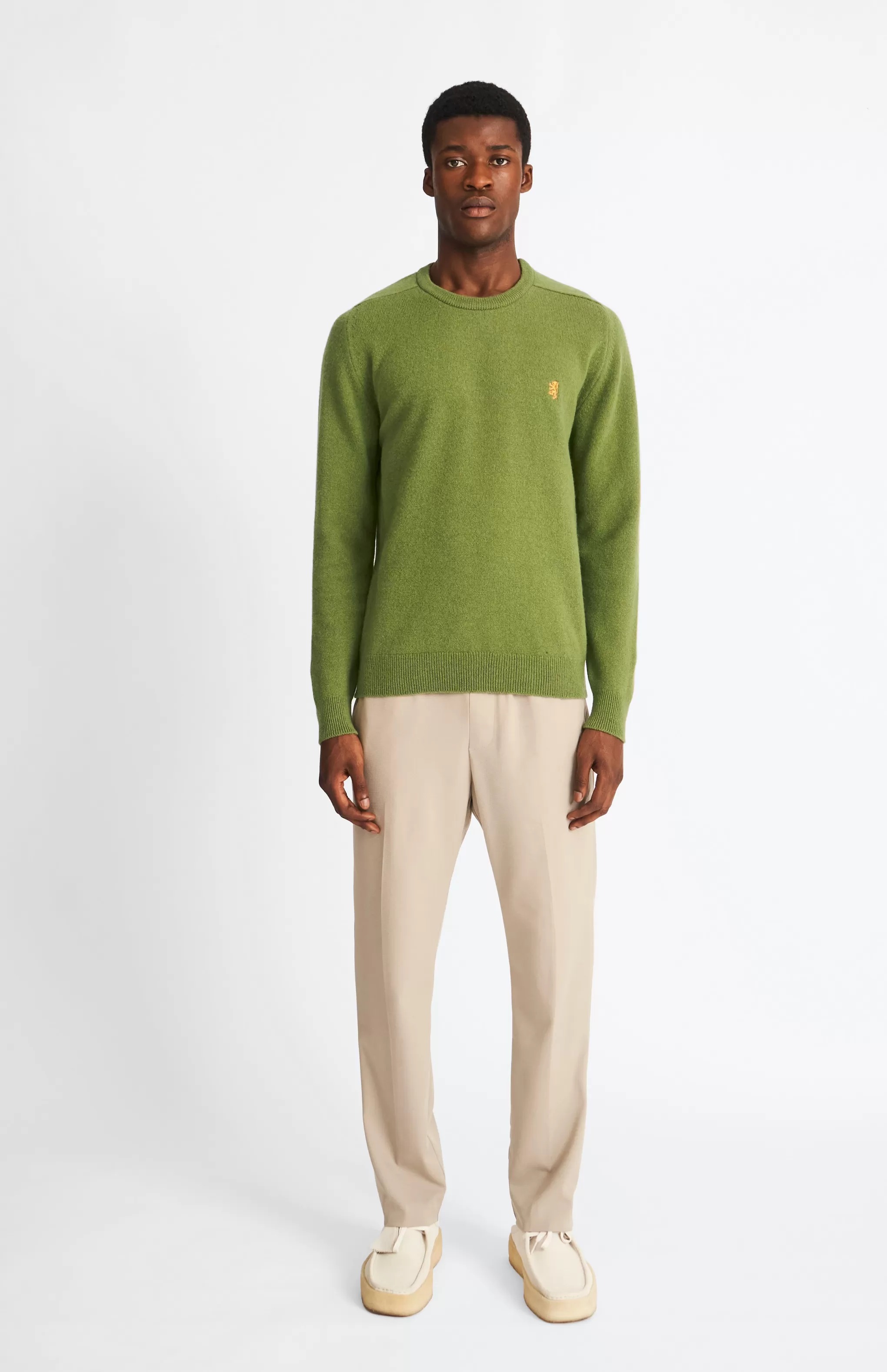 Hot Round Neck Lion Lambswool Jumper In Mineral Green / Mustard Sand Men Gifts for Men