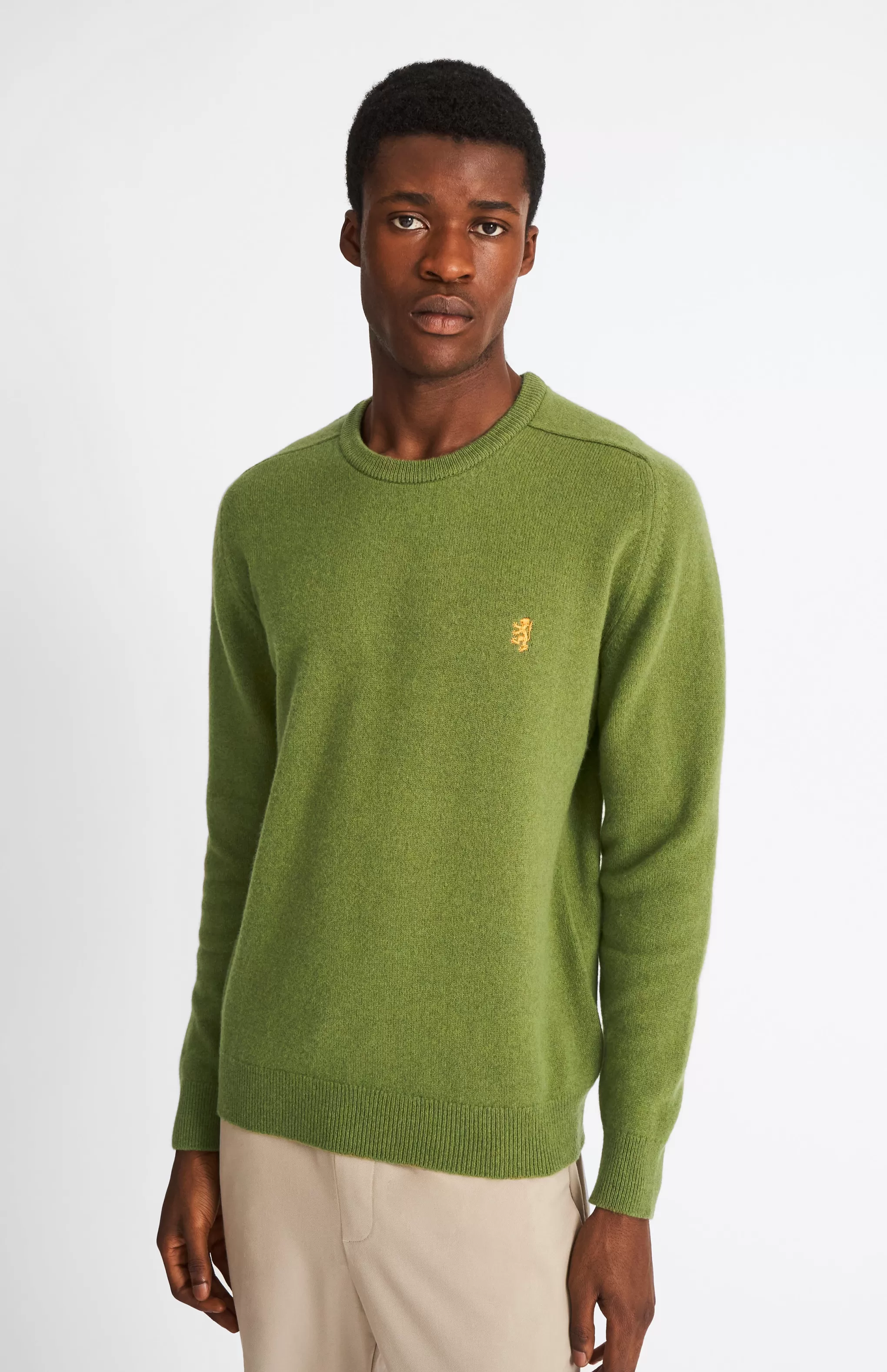 Hot Round Neck Lion Lambswool Jumper In Mineral Green / Mustard Sand Men Gifts for Men