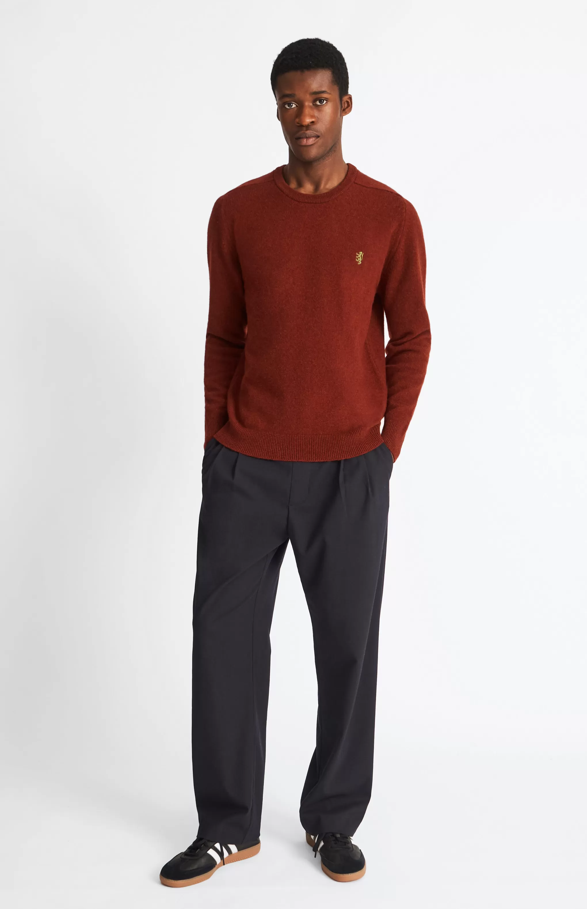 Sale Round Neck Lion Lambswool Jumper In Red Rust / Mineral Green Men Gifts for Men