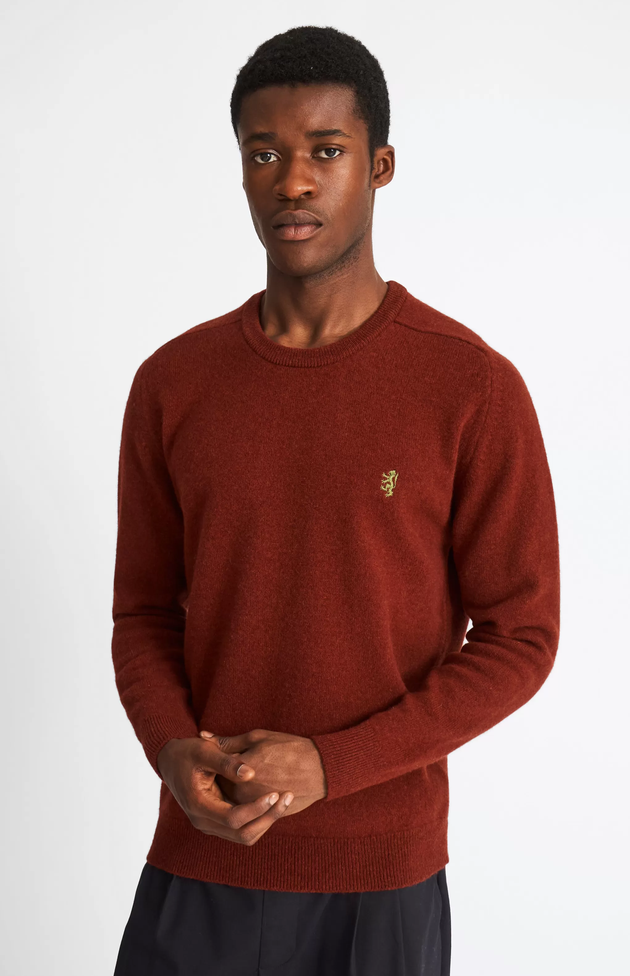 Sale Round Neck Lion Lambswool Jumper In Red Rust / Mineral Green Men Gifts for Men