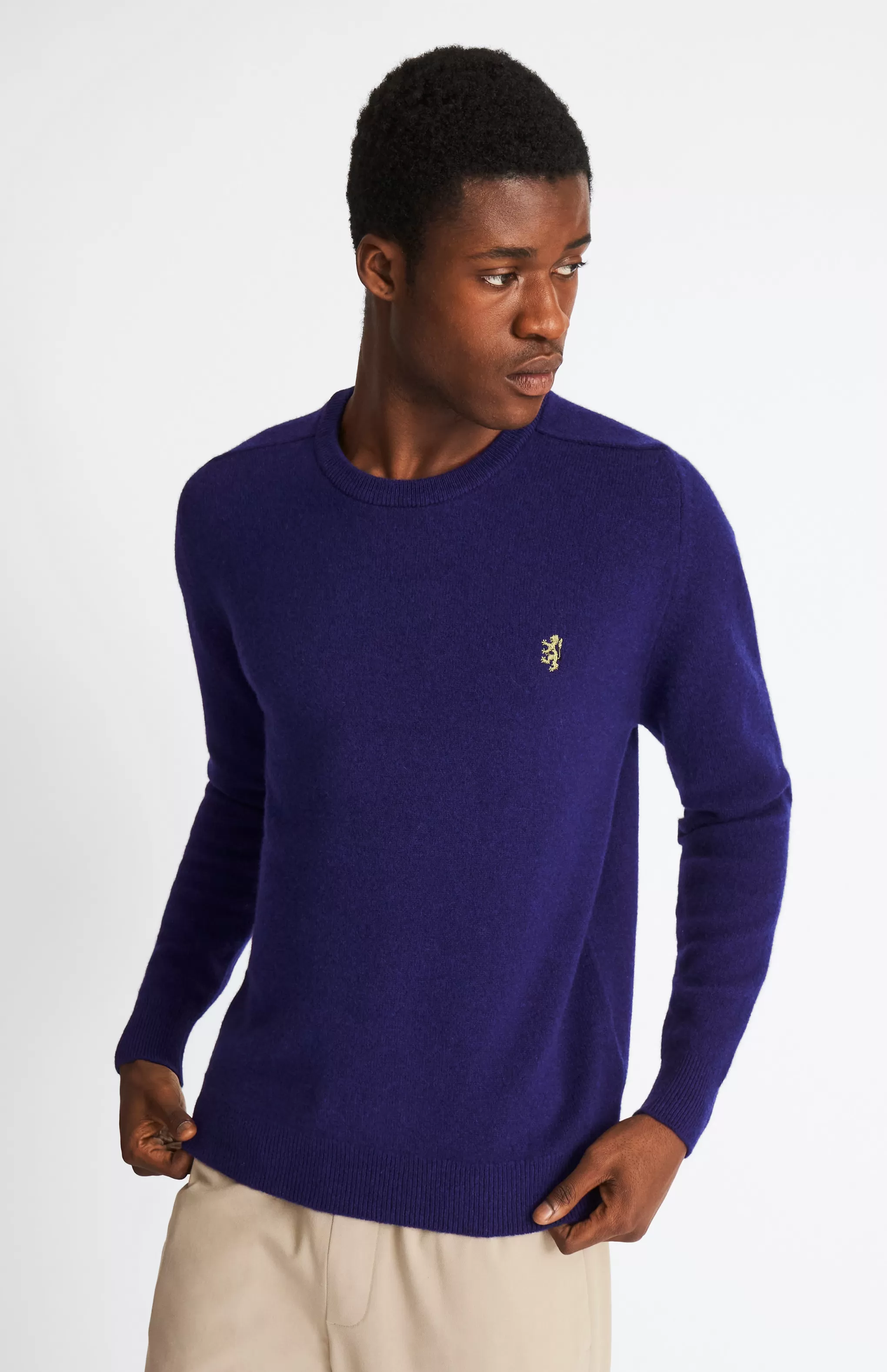 Outlet Round Neck Lion Lambswool Jumper In Royal Blue / Mineral Green Men Medium Weight Knits