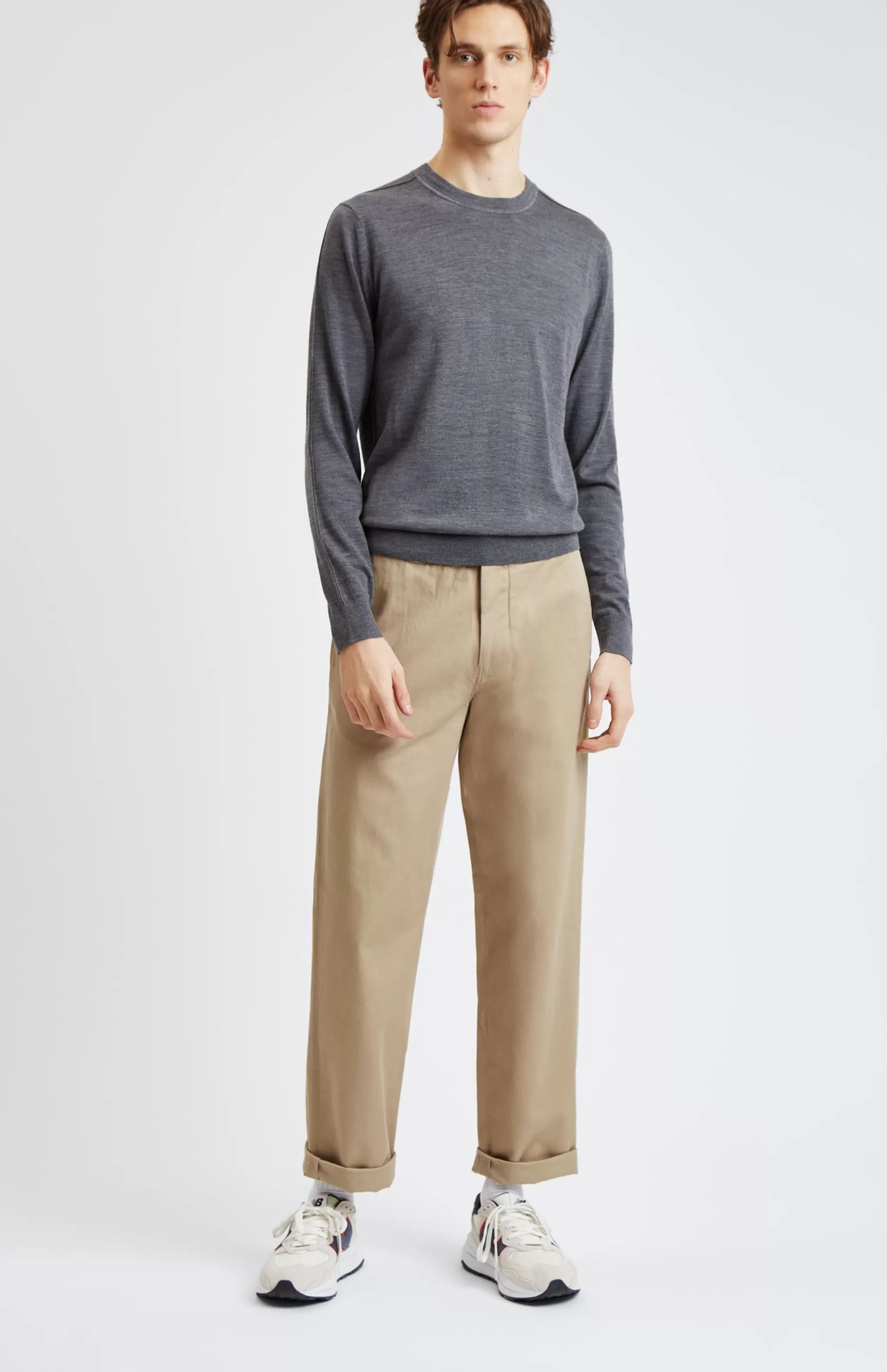 Clearance Round Neck Merino Wool Jumper In Flannel Grey Men Merino