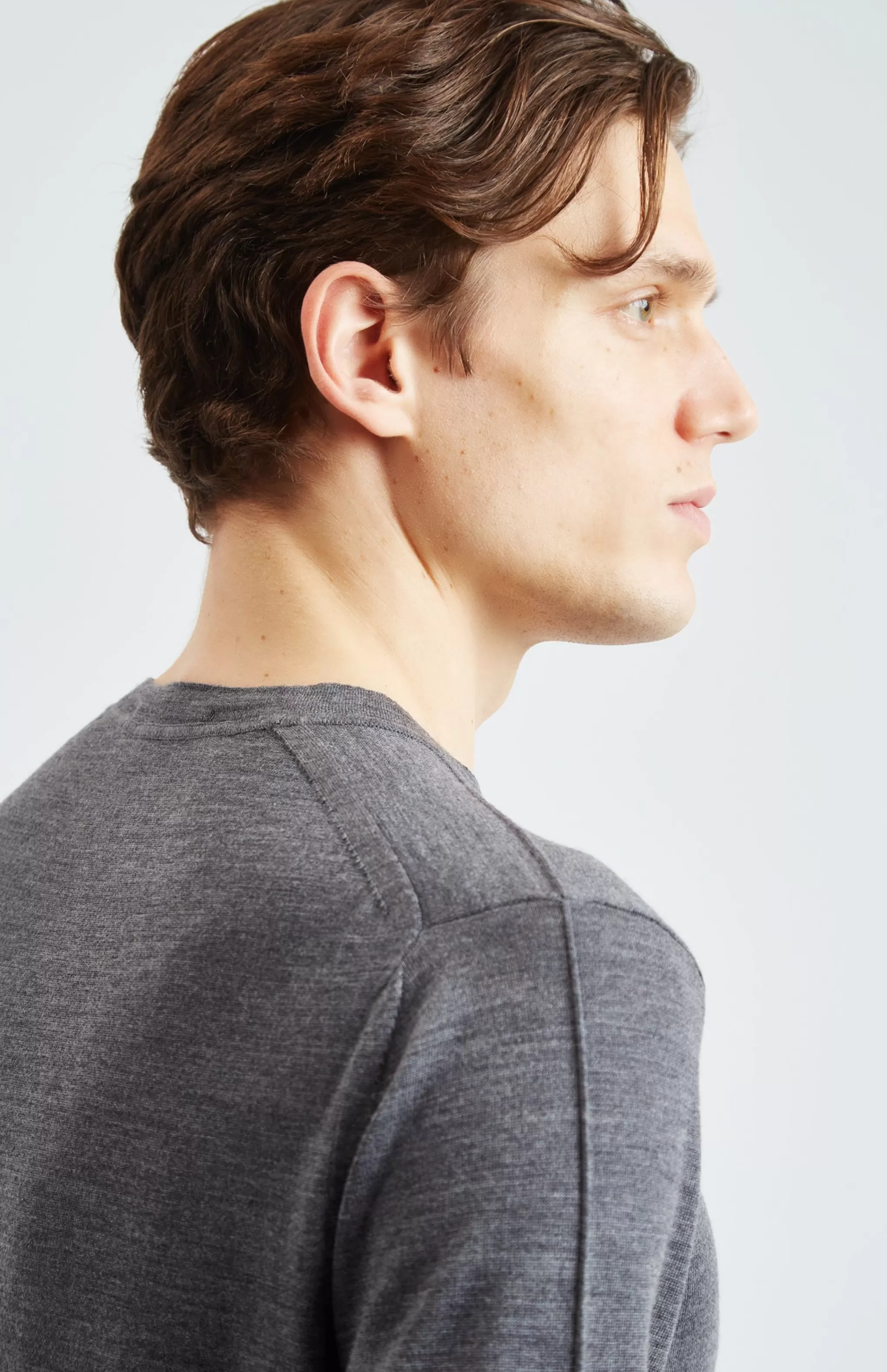 Clearance Round Neck Merino Wool Jumper In Flannel Grey Men Merino