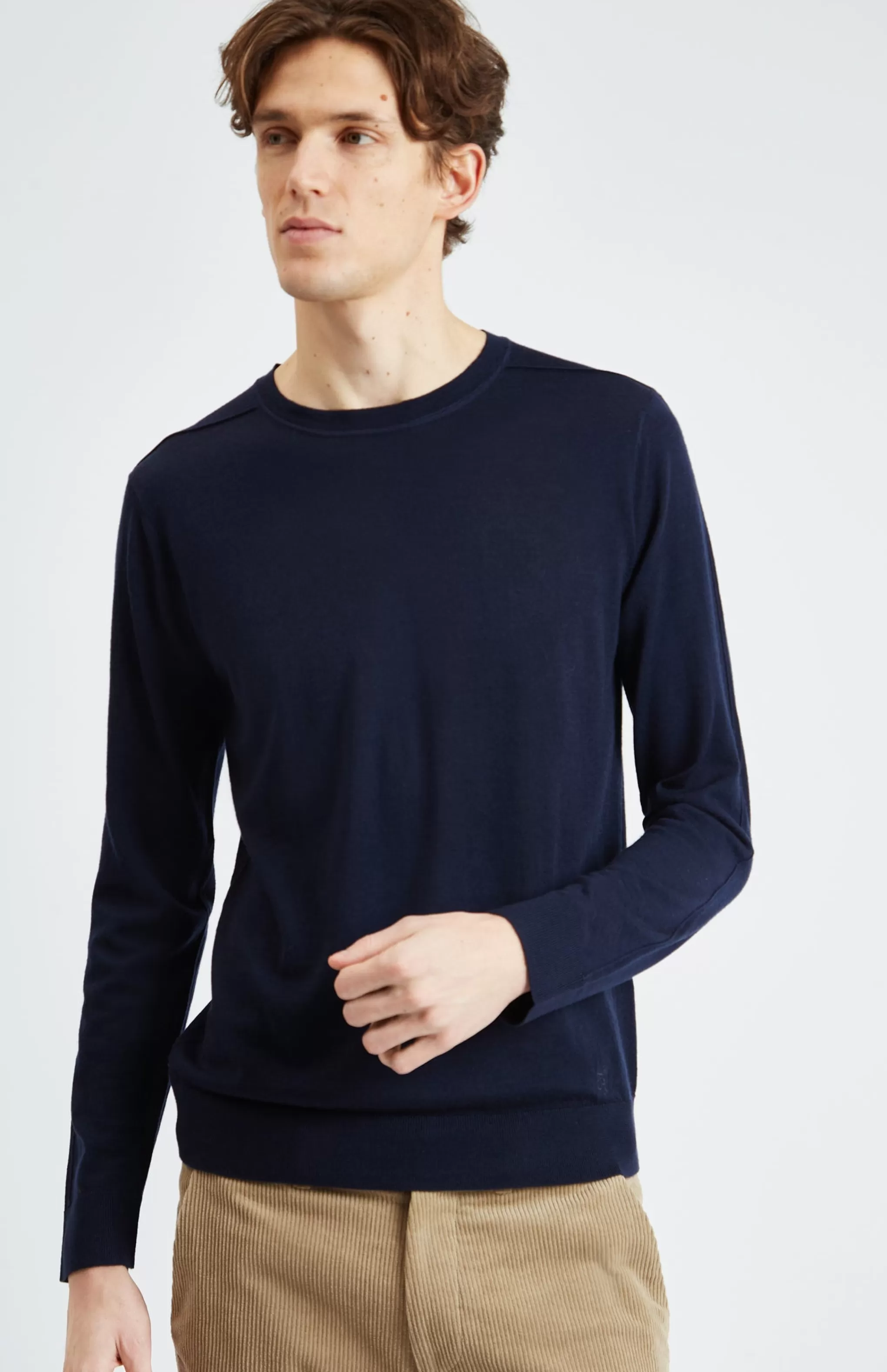 Shop Round Neck Merino Wool Jumper In Navy Men Jumpers