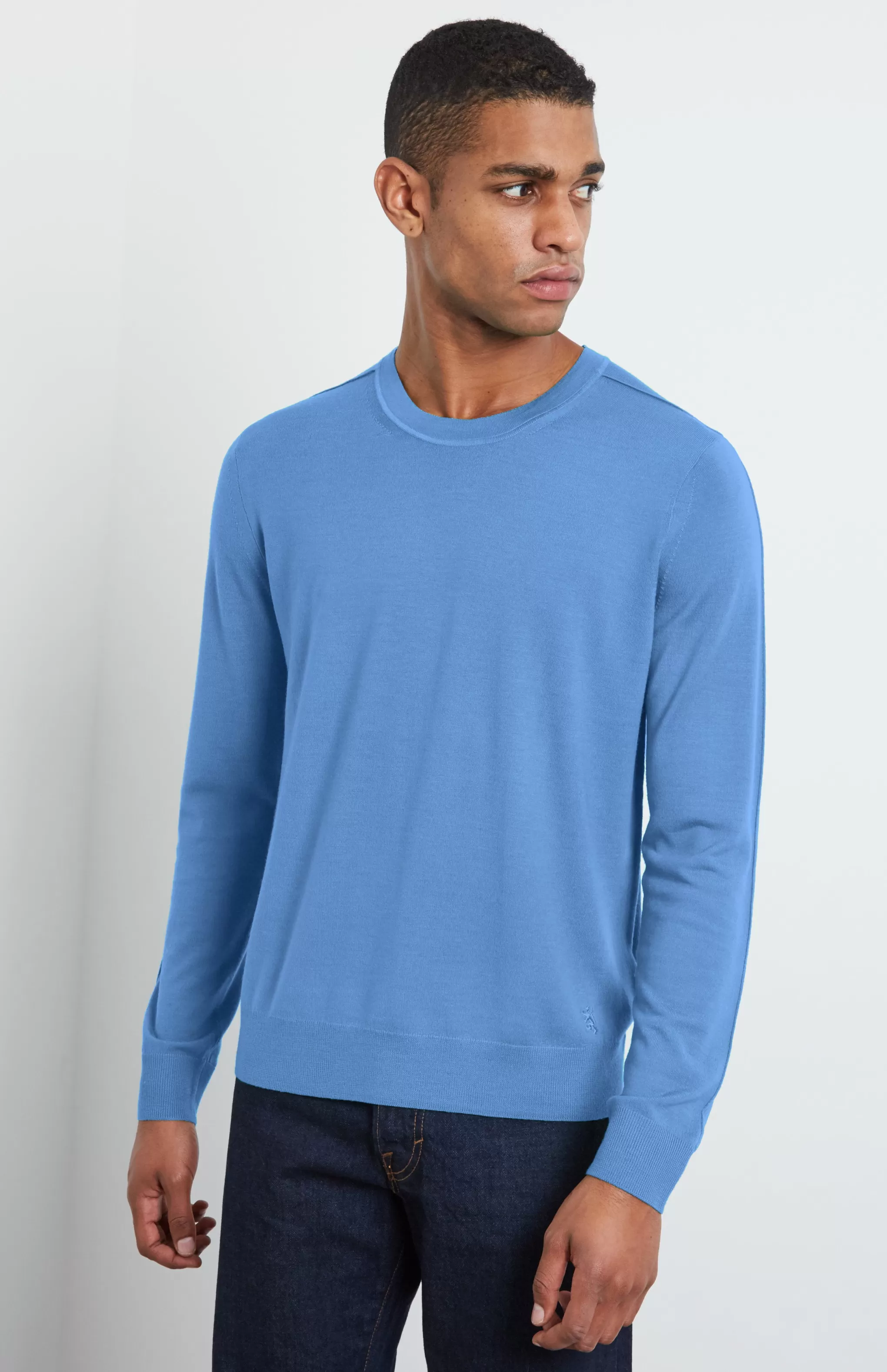 New Round Neck Merino Wool Jumper In Uniform Blue Men Jumpers