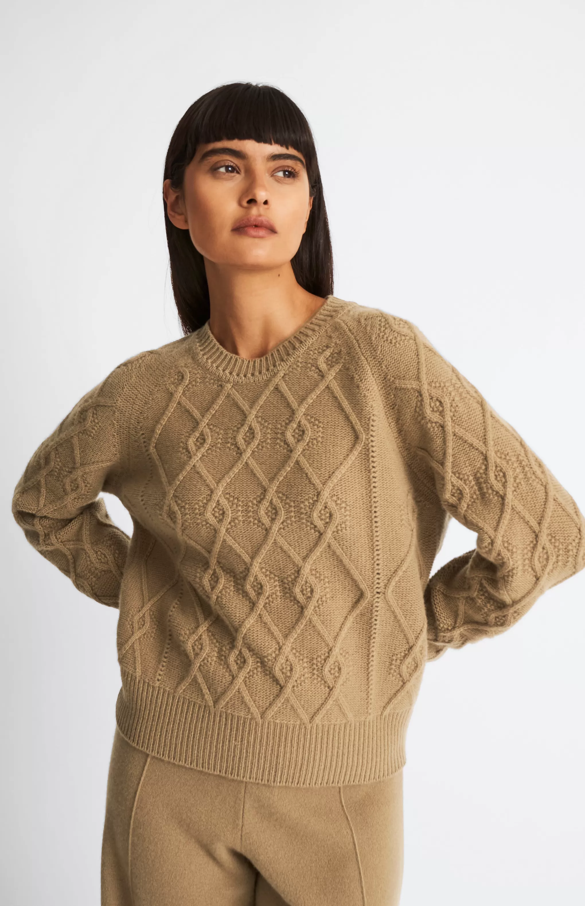 Cheap Round Neck Multi Textured Cashmere Blend Jumper In Camel Men/Women Round Neck Knits