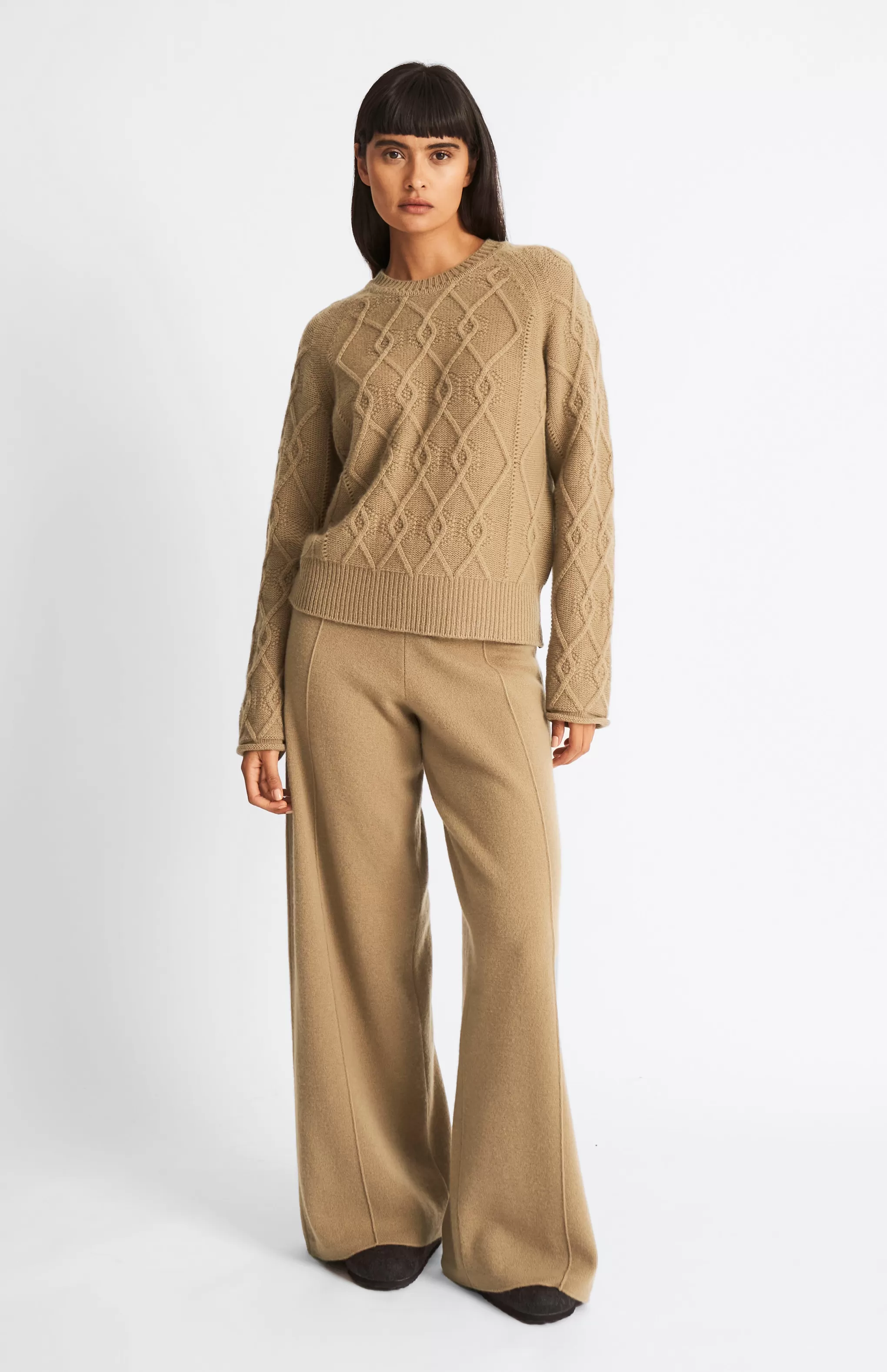 Cheap Round Neck Multi Textured Cashmere Blend Jumper In Camel Men/Women Round Neck Knits