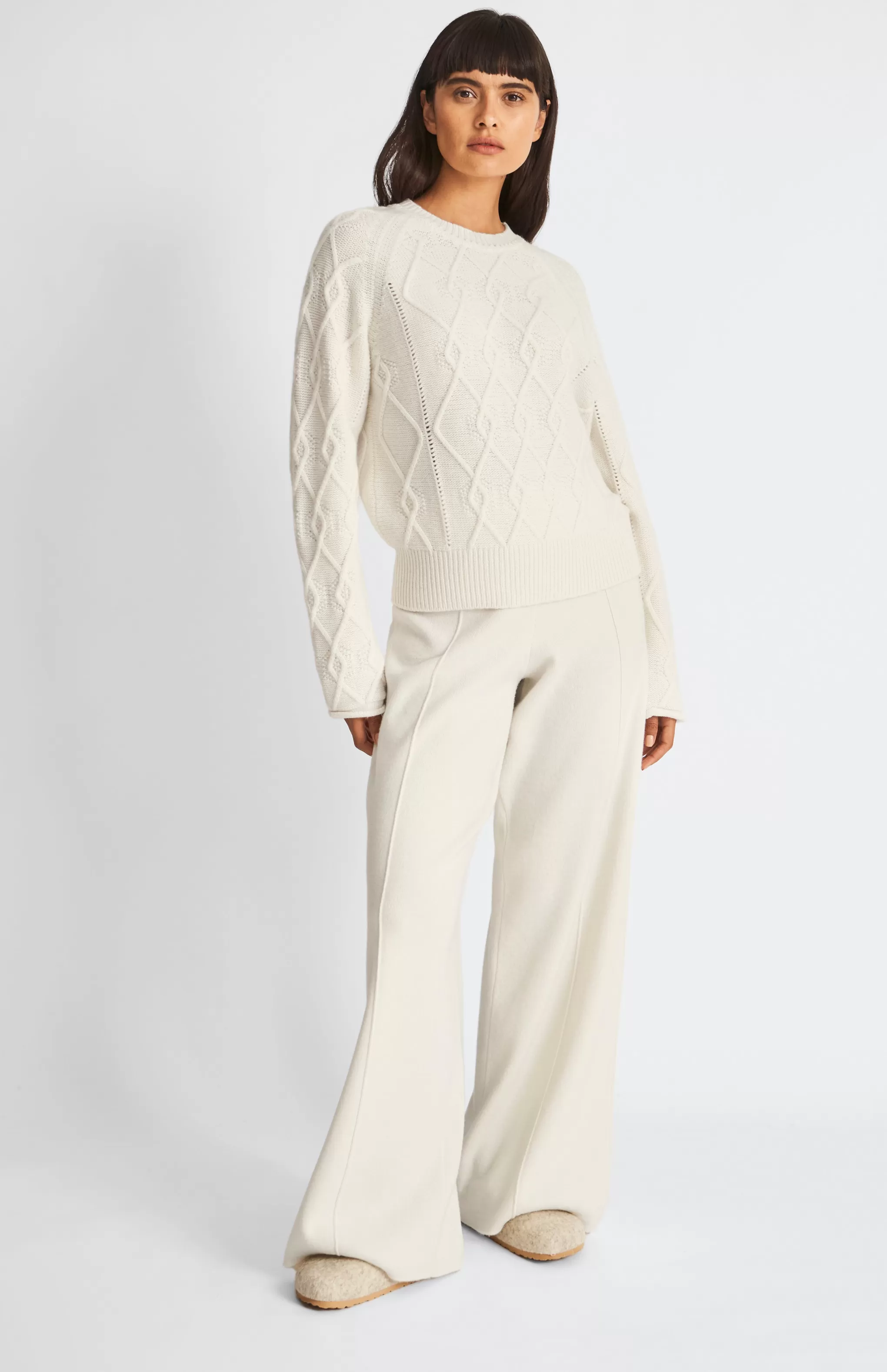 Cheap Round Neck Multi Textured Cashmere Blend Jumper In Cream Men/Women Gifts For Women