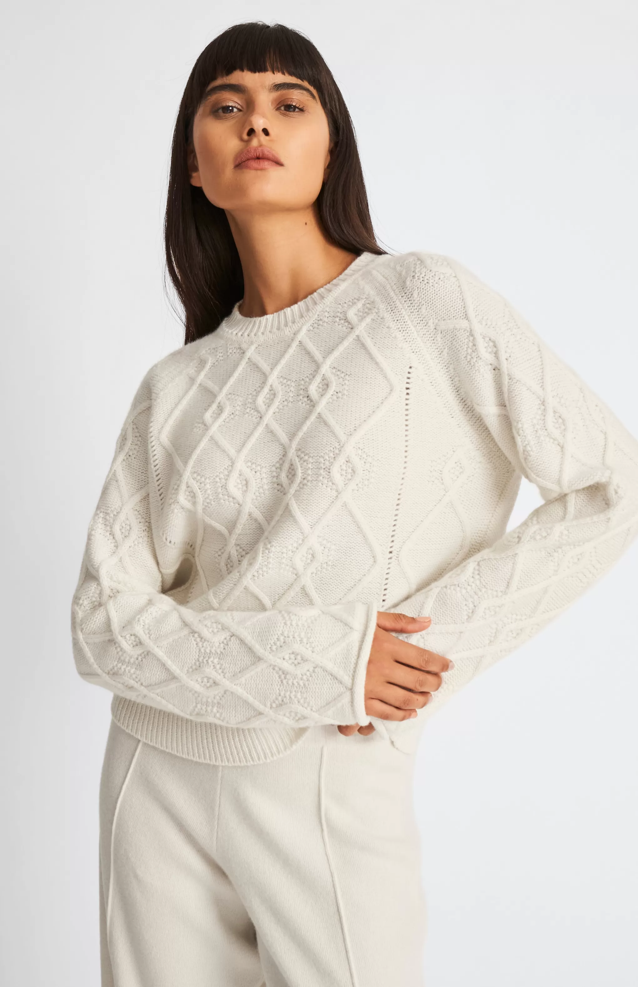 Best Sale Round Neck Multi Textured Cashmere Blend Jumper In Cream Men/Women Loungewear
