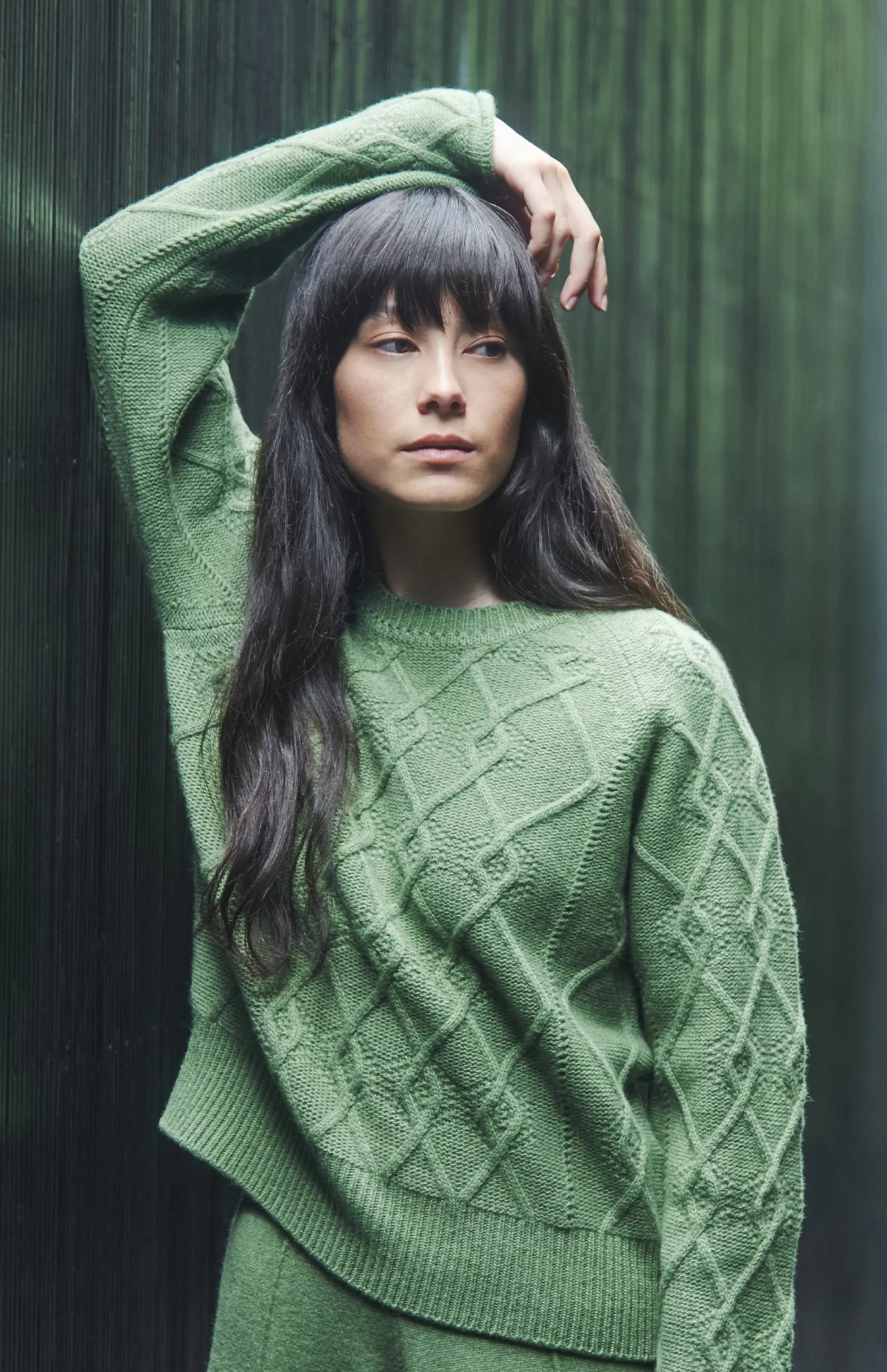 Best Sale Round Neck Multi Textured Cashmere Blend Jumper In Wood Sage Men/Women Gifts For Women