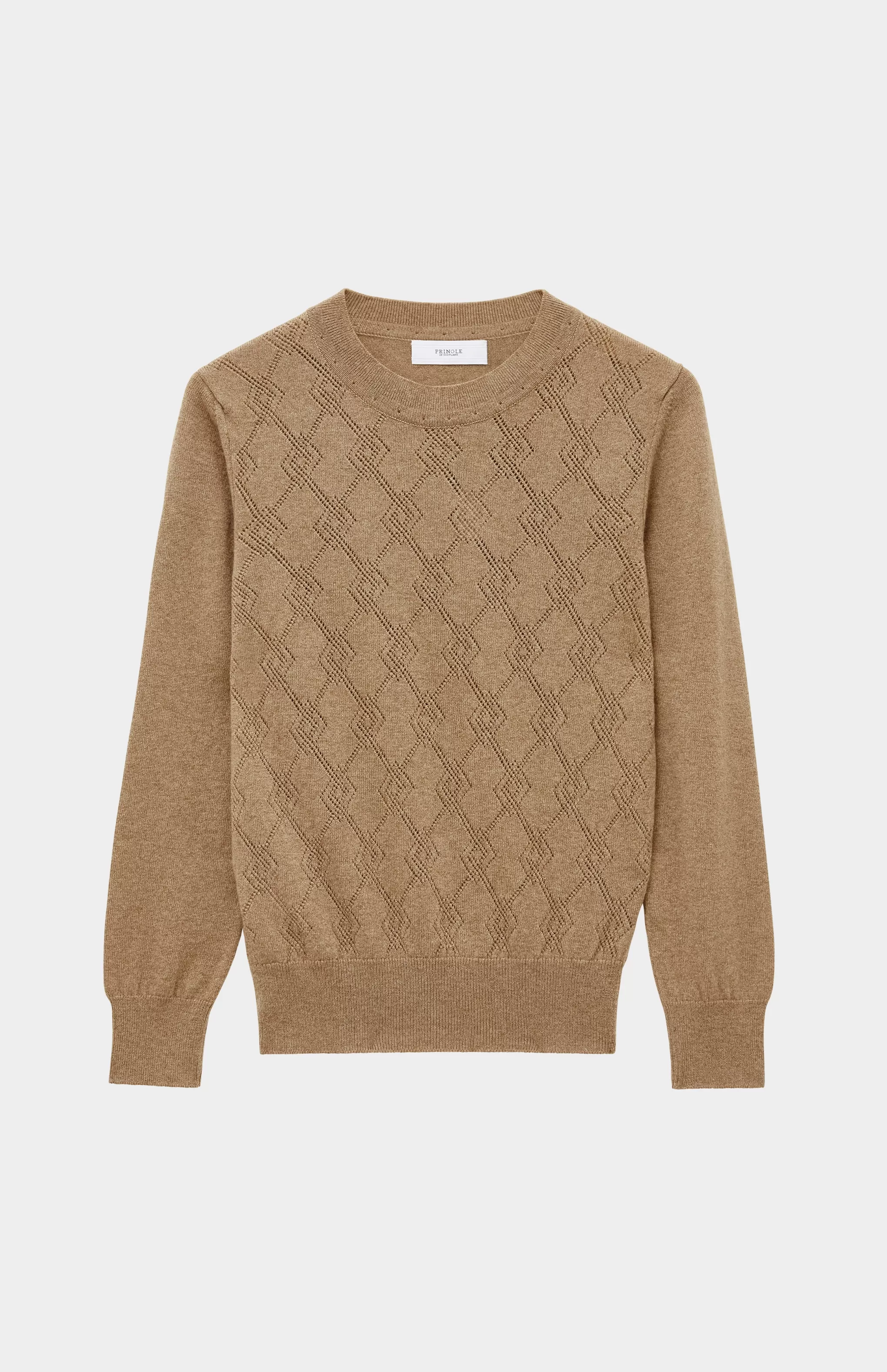 Sale Round Neck Pointelle Argyle Cashmere Jumper In Camel Men/Women Round Neck Knits