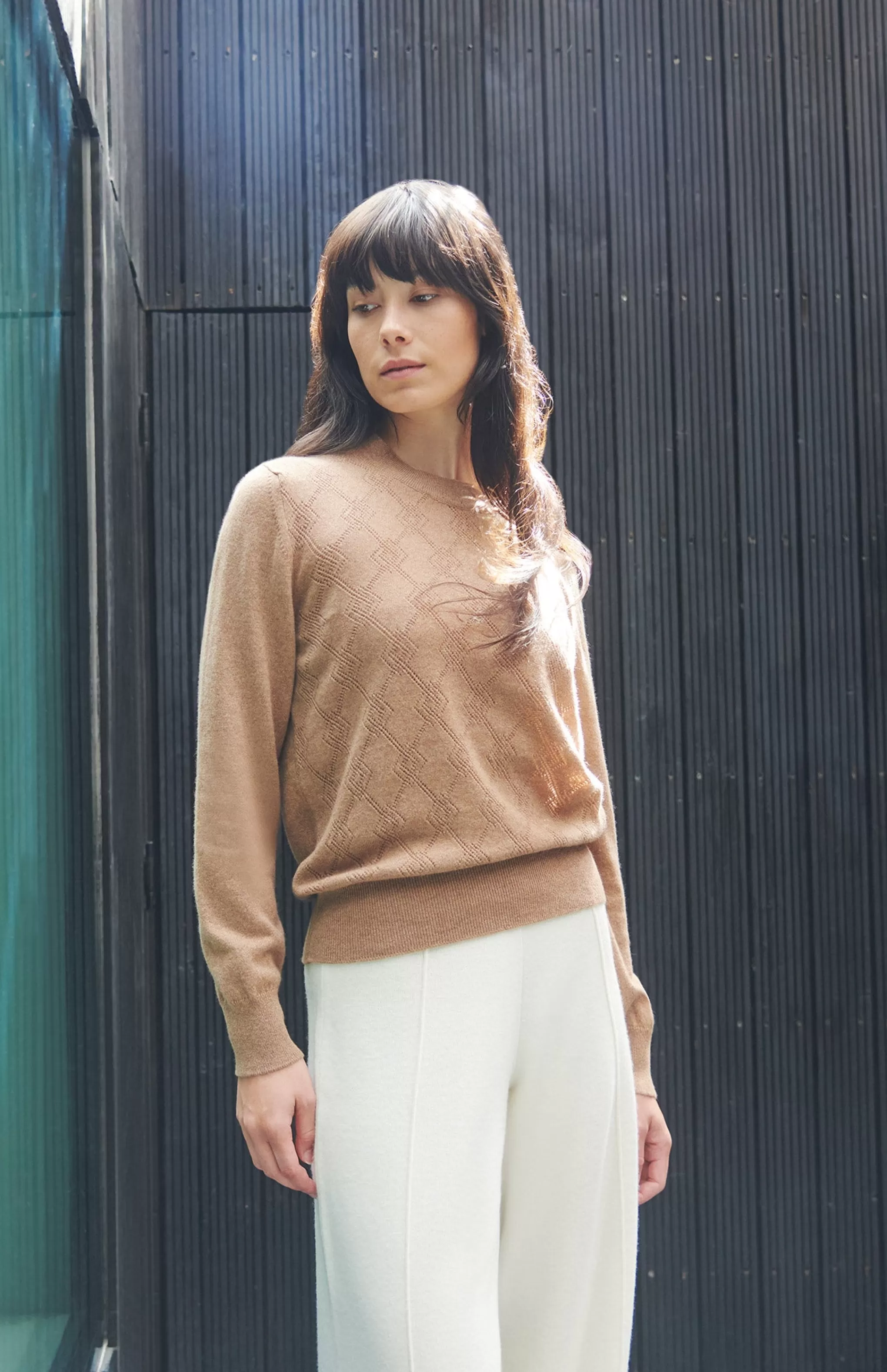 Sale Round Neck Pointelle Argyle Cashmere Jumper In Camel Men/Women Round Neck Knits