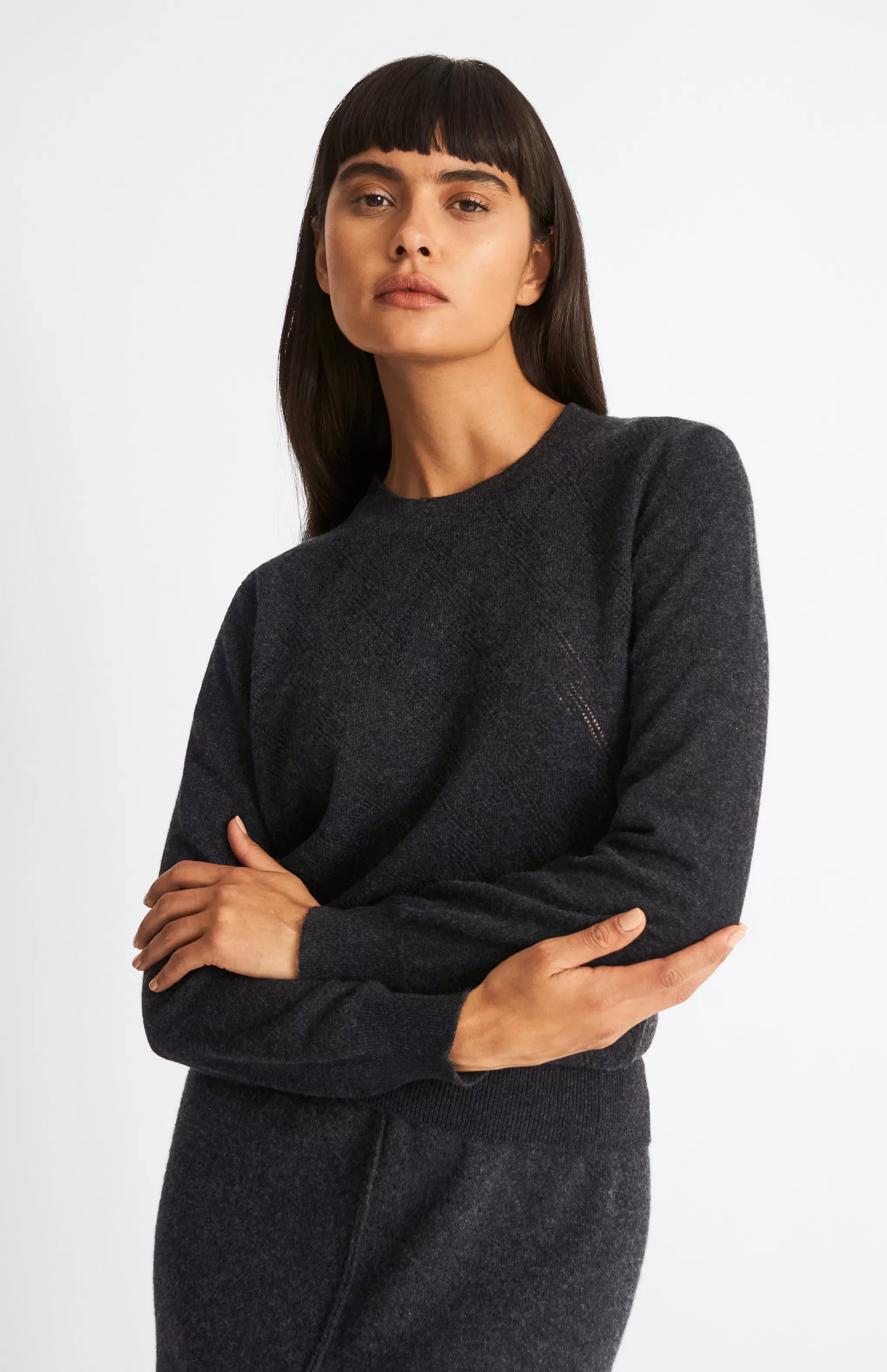 Online Round Neck Pointelle Argyle Cashmere Jumper In Charcoal Men/Women Round Neck Knits