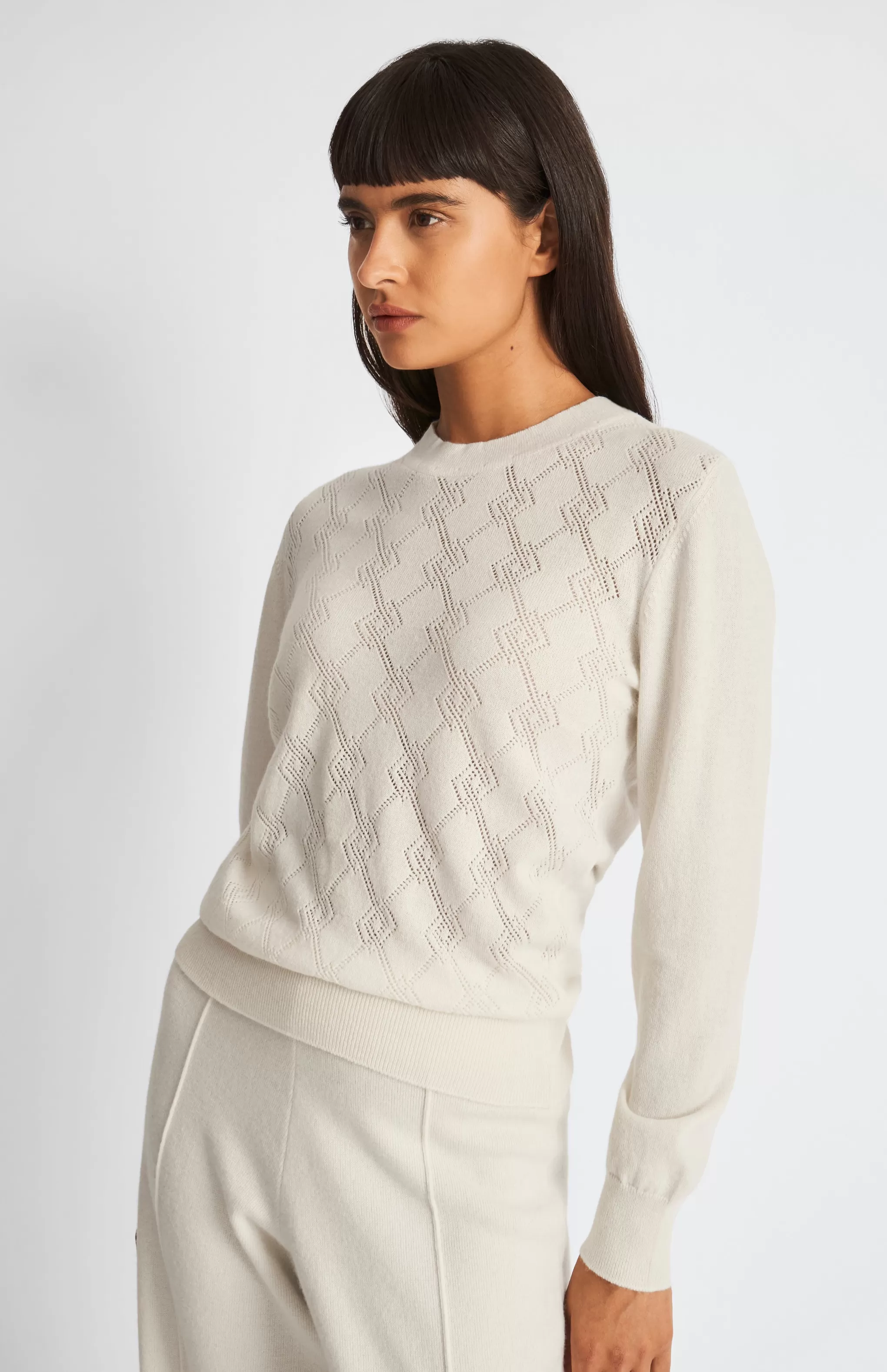 Outlet Round Neck Pointelle Argyle Cashmere Jumper In Off White Men/Women Classic Cashmere