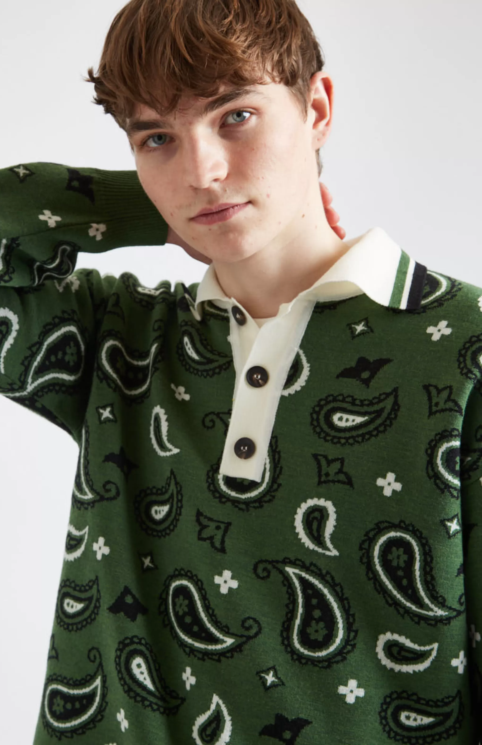 Sale Shirt Neck Merino Jumper With Paisley Birdseye Jacquard In Emerald Men Medium Weight Knits