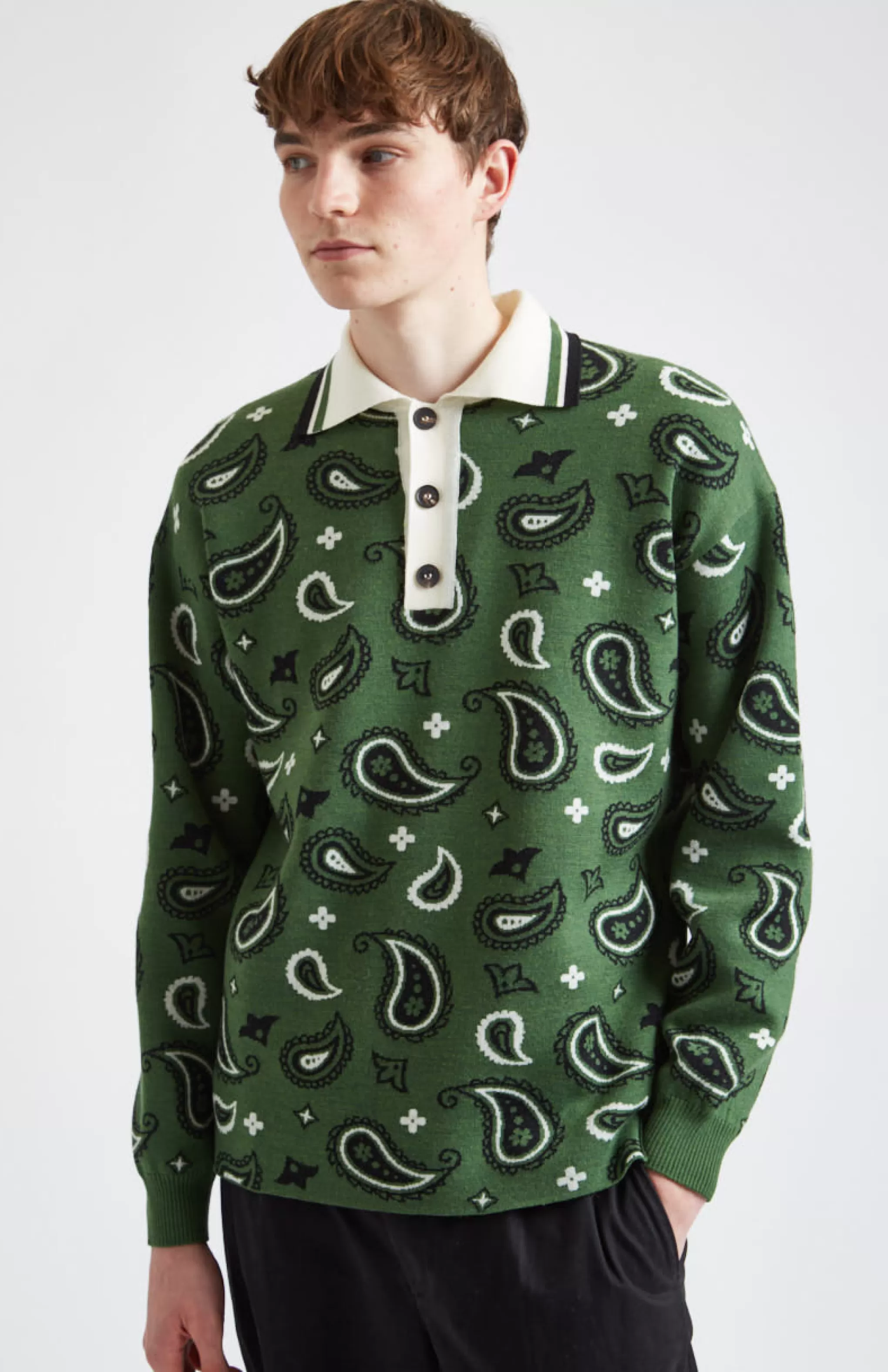 Hot Shirt Neck Merino Jumper With Paisley Birdseye Jacquard In Emerald Men Merino