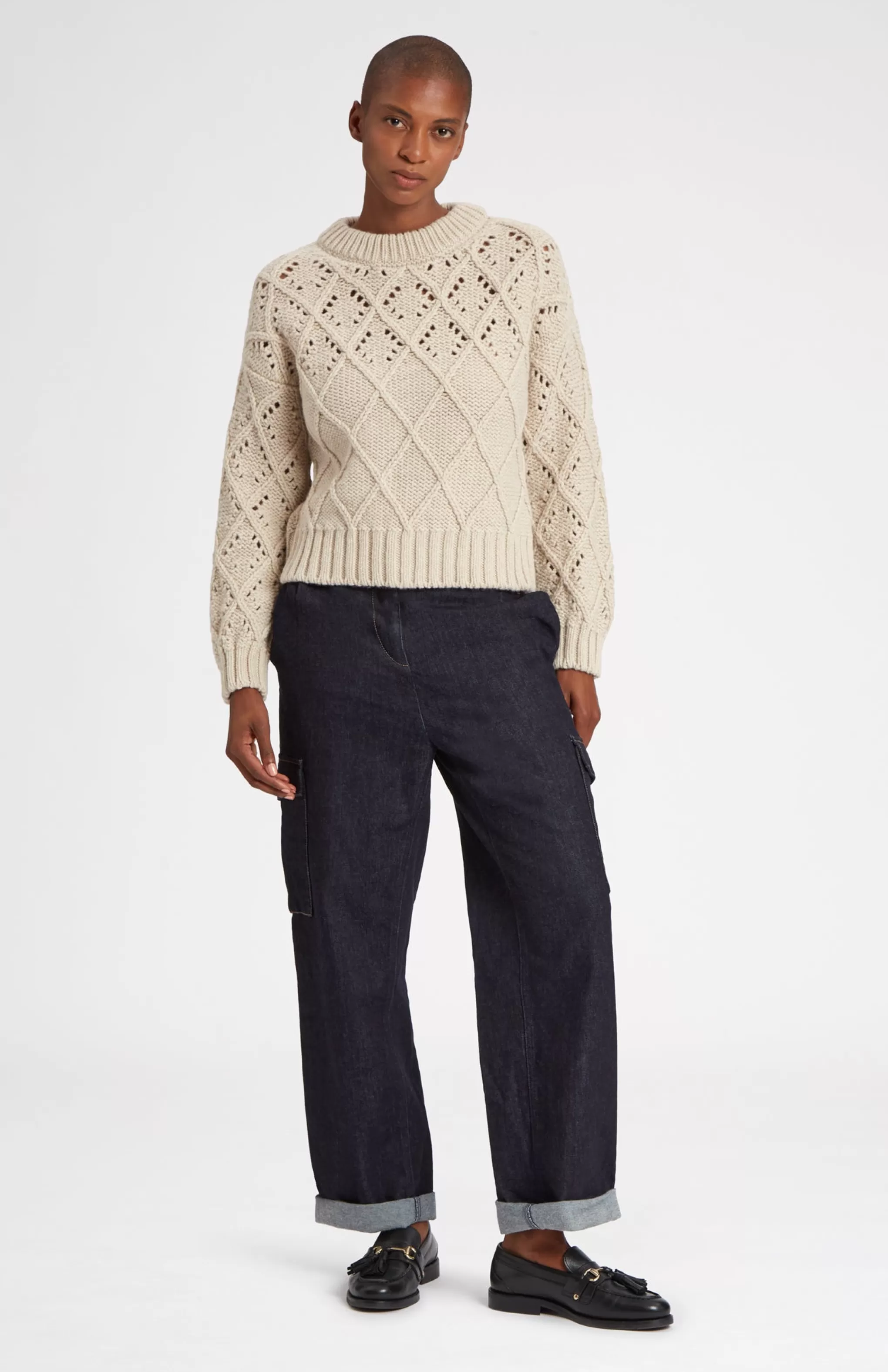 Clearance Superfine Wool Jumper With Allover Diamond Pattern In Light Oatmeal Men/Women Round Neck Knits