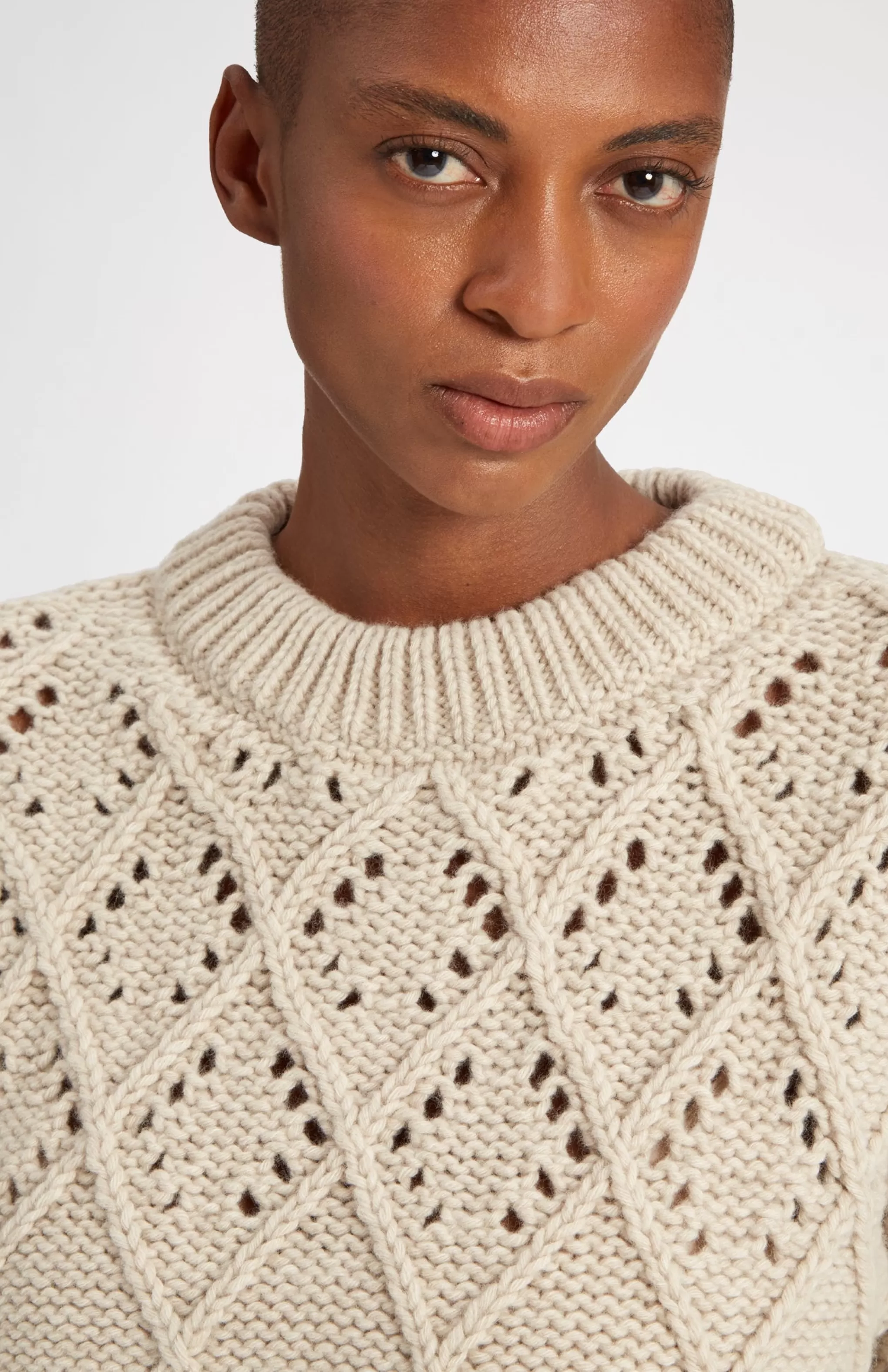 Clearance Superfine Wool Jumper With Allover Diamond Pattern In Light Oatmeal Men/Women Round Neck Knits