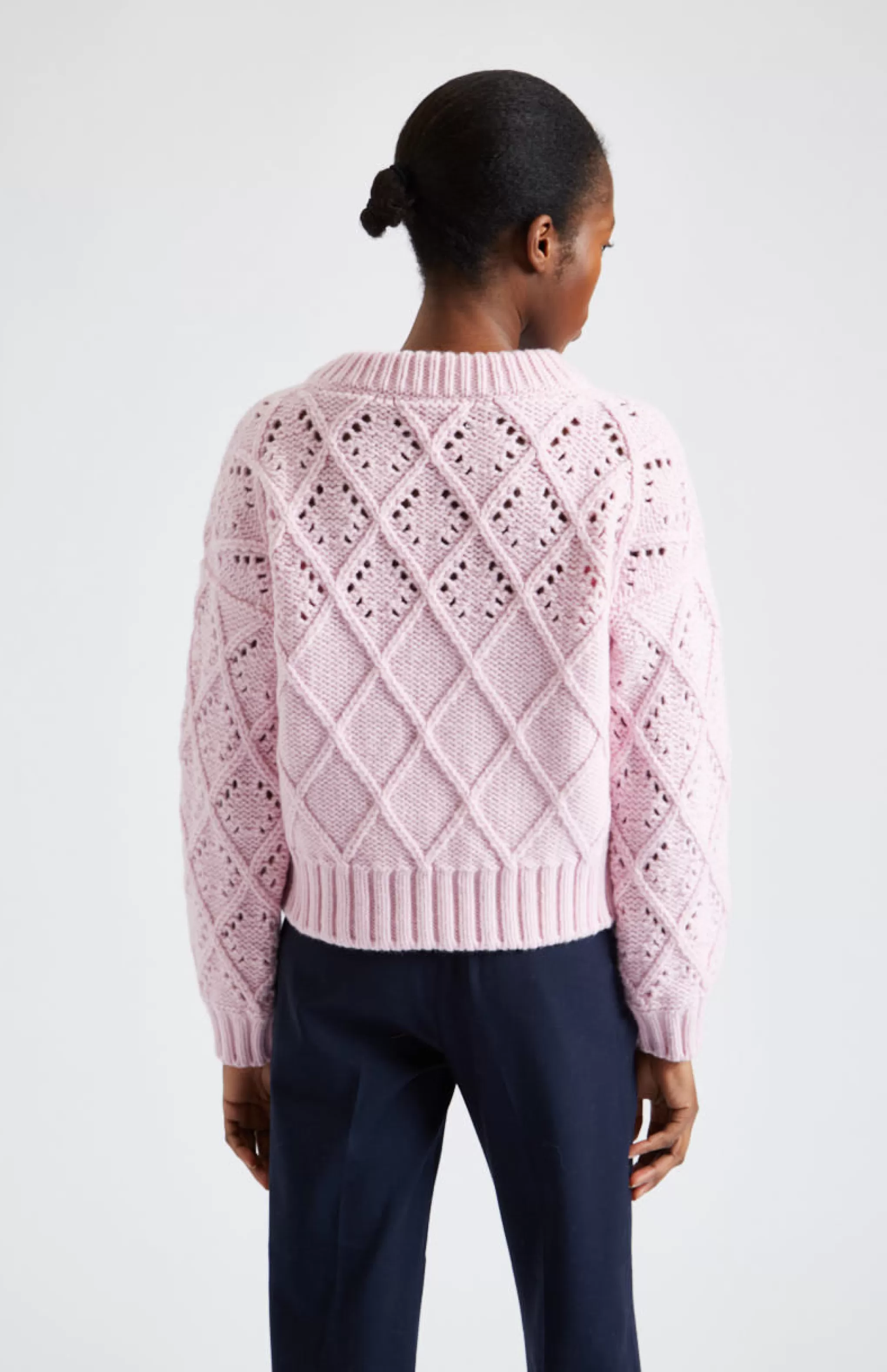 Fashion Superfine Wool Jumper With Allover Diamond Pattern In Powder Pink Men/Women Round Neck Knits