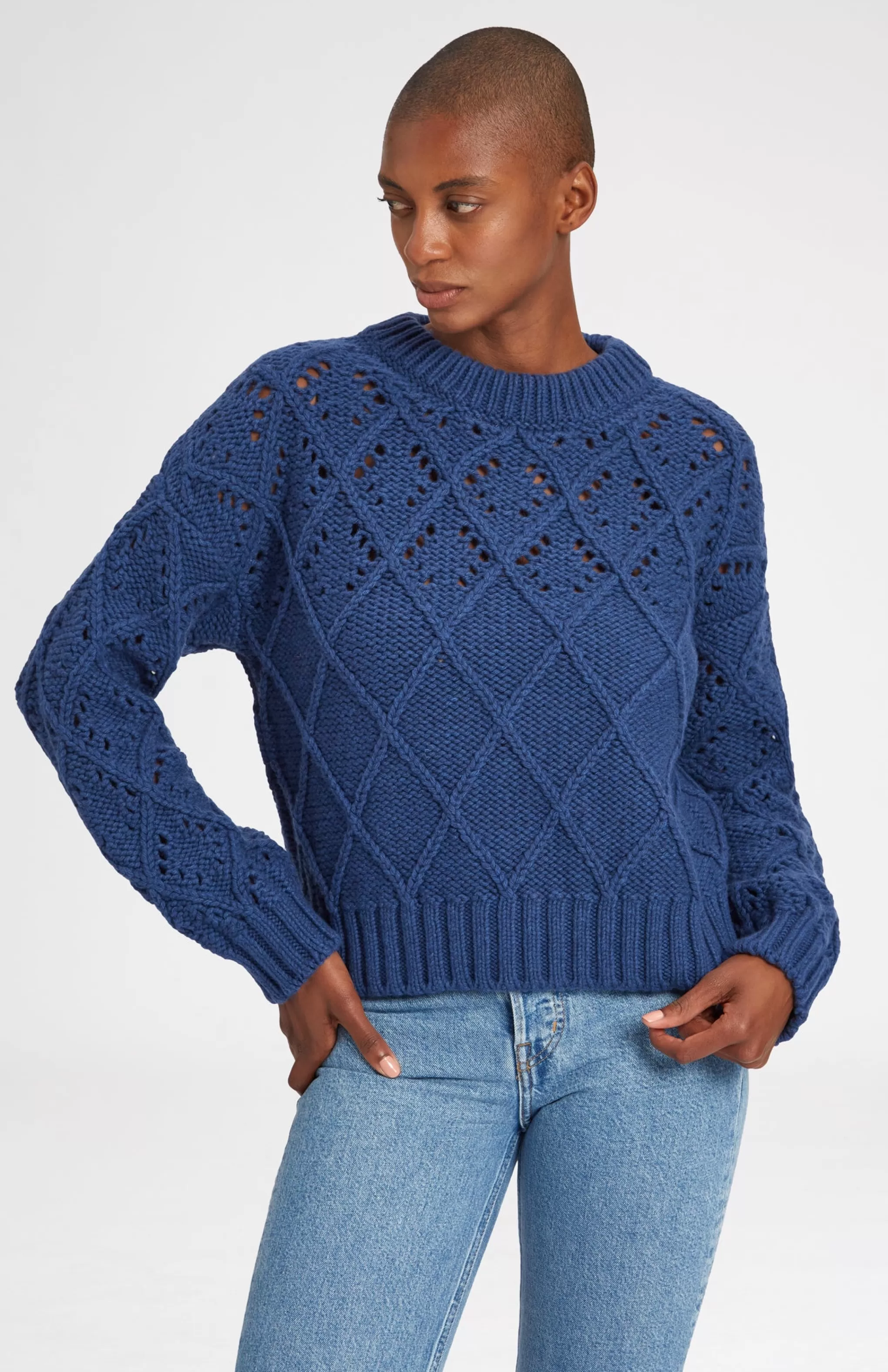 Online Superfine Wool Jumper With Allover Diamond Pattern In Storm Blue Men/Women Round Neck Knits