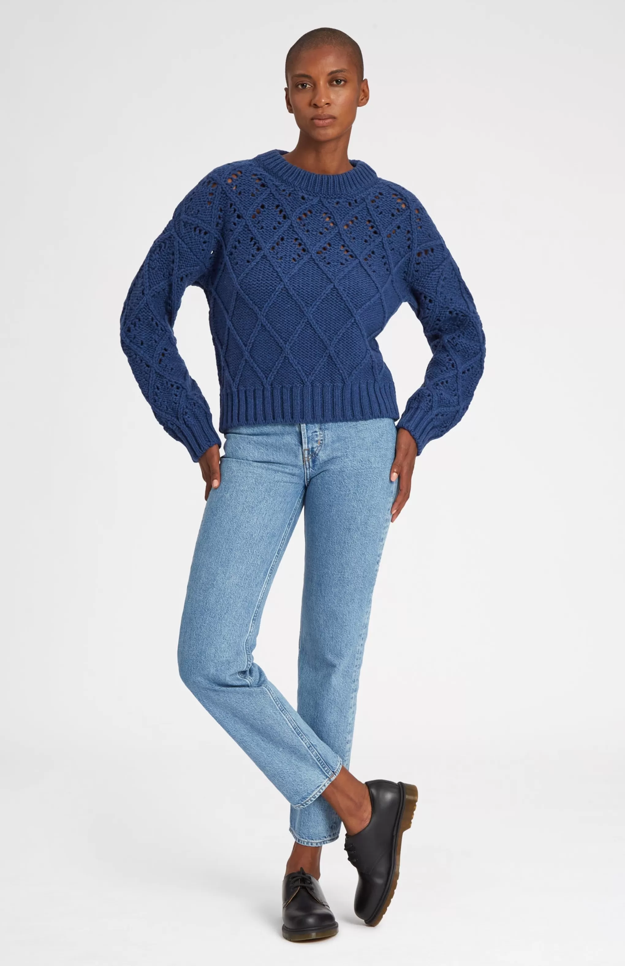 Online Superfine Wool Jumper With Allover Diamond Pattern In Storm Blue Men/Women Round Neck Knits