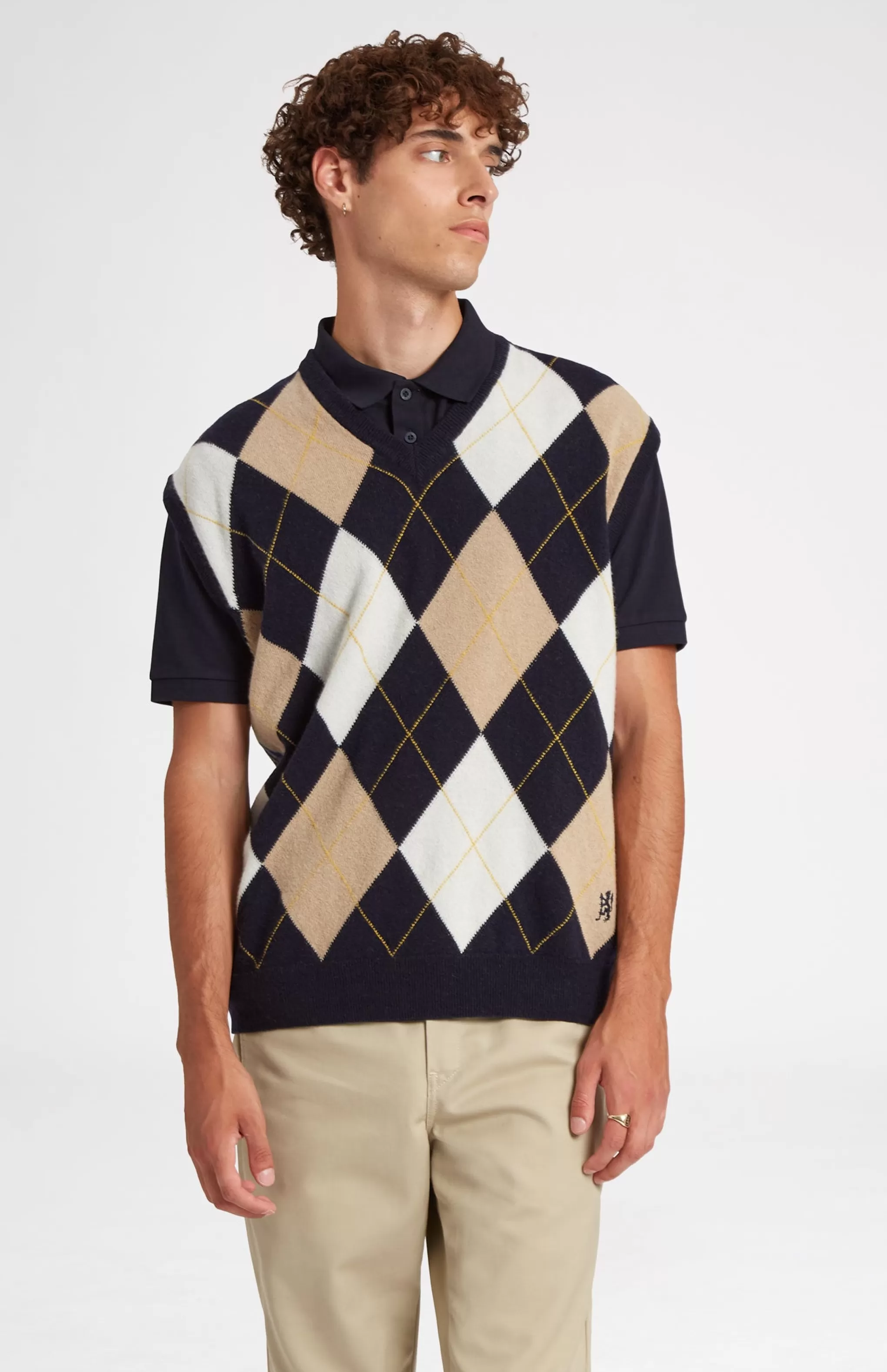 Shop Unisex Allover Argyle Heritage Golf Sleeveless Jumper In Navy And Camel Men/Women Vests