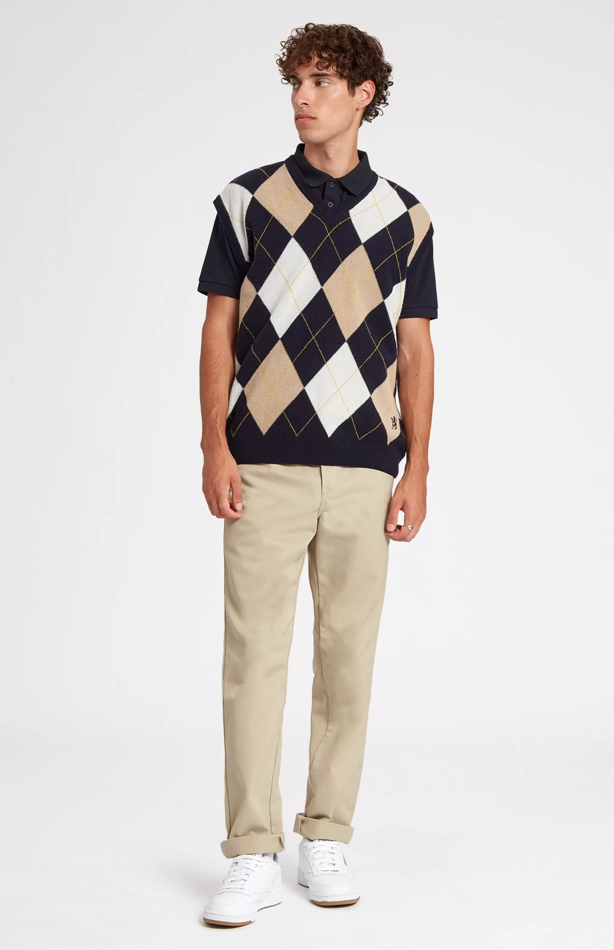Sale Unisex Allover Argyle Heritage Golf Sleeveless Jumper In Navy And Camel Men/Women V Neck Knits