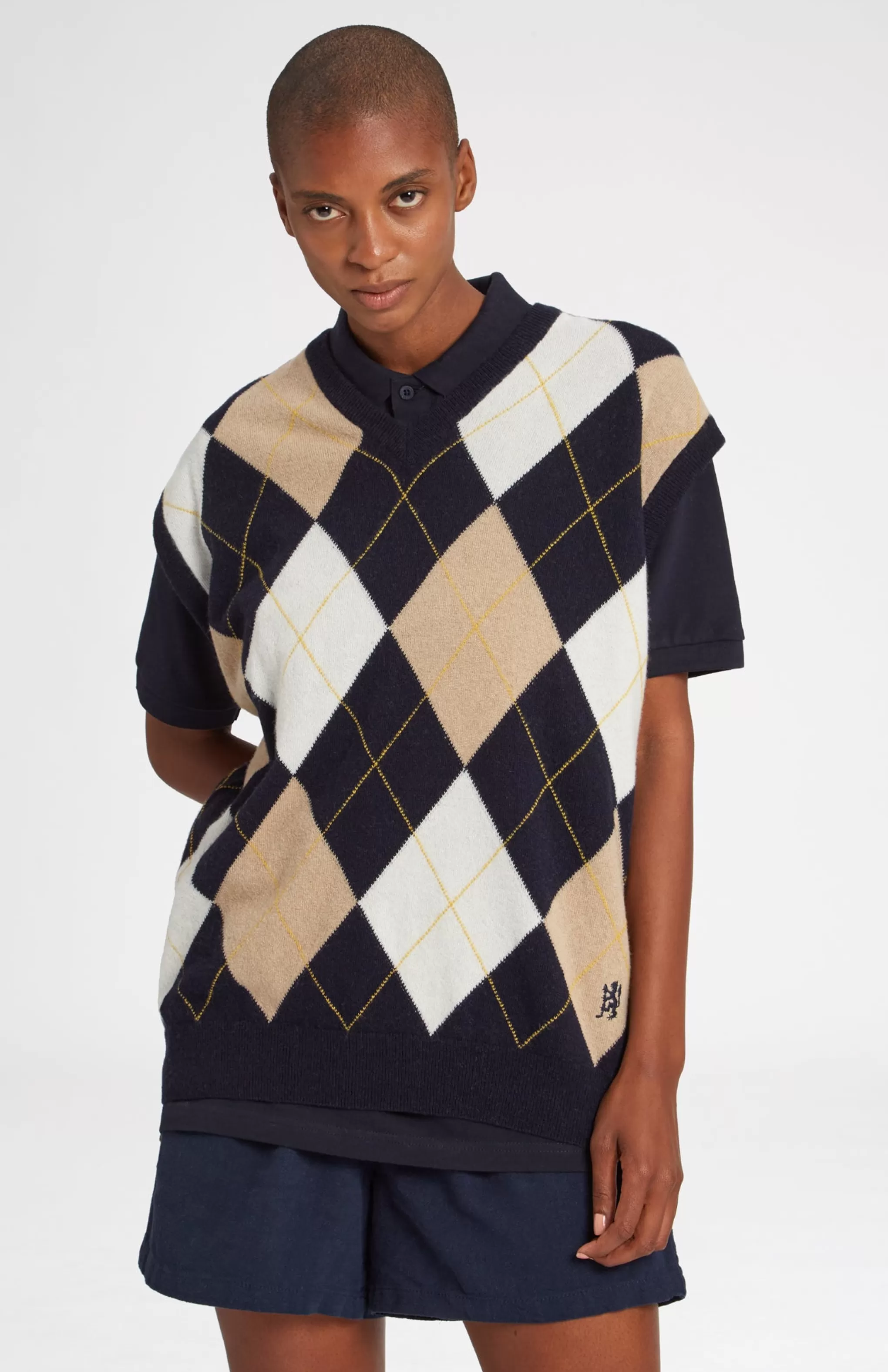 Sale Unisex Allover Argyle Heritage Golf Sleeveless Jumper In Navy And Camel Men/Women V Neck Knits