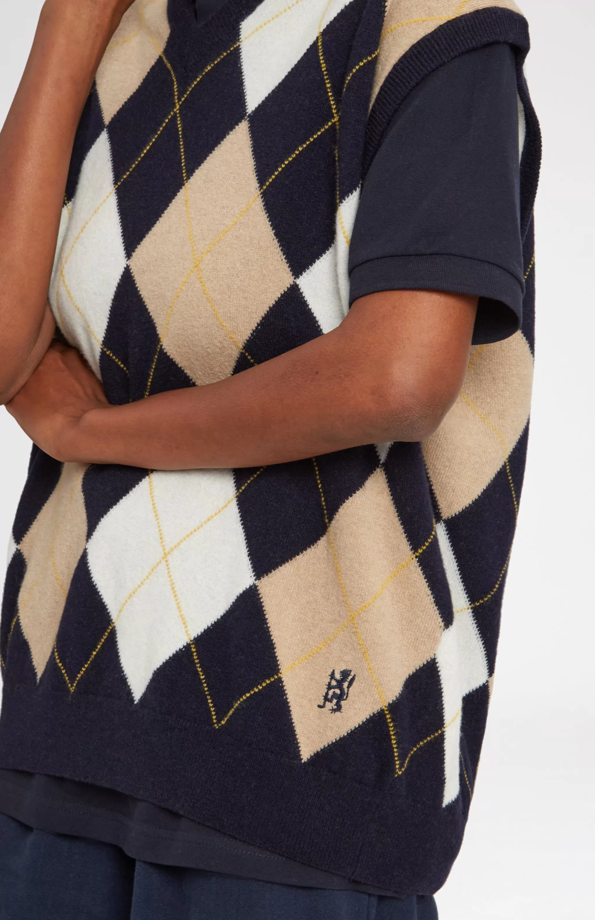 Sale Unisex Allover Argyle Heritage Golf Sleeveless Jumper In Navy And Camel Men/Women V Neck Knits