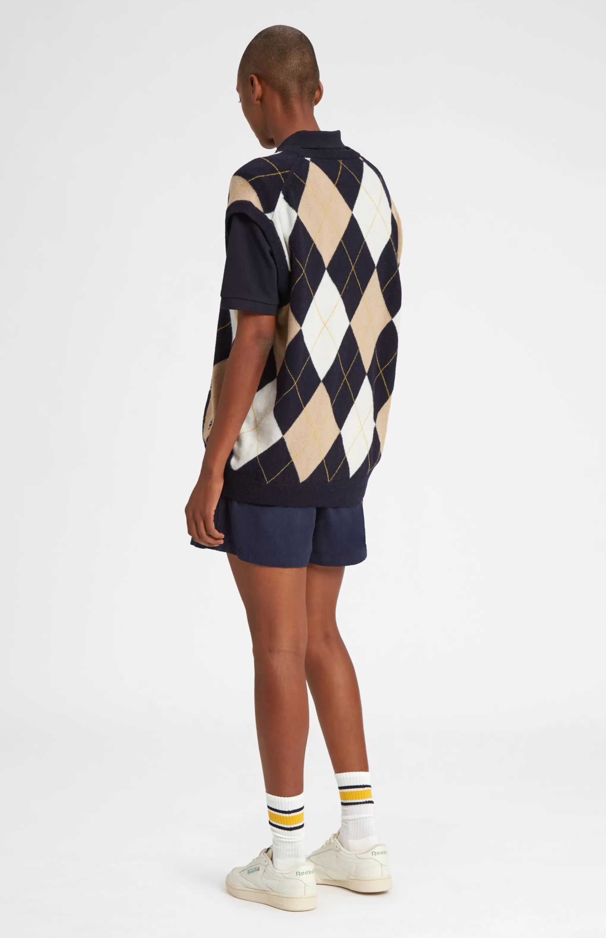 Sale Unisex Allover Argyle Heritage Golf Sleeveless Jumper In Navy And Camel Men/Women V Neck Knits
