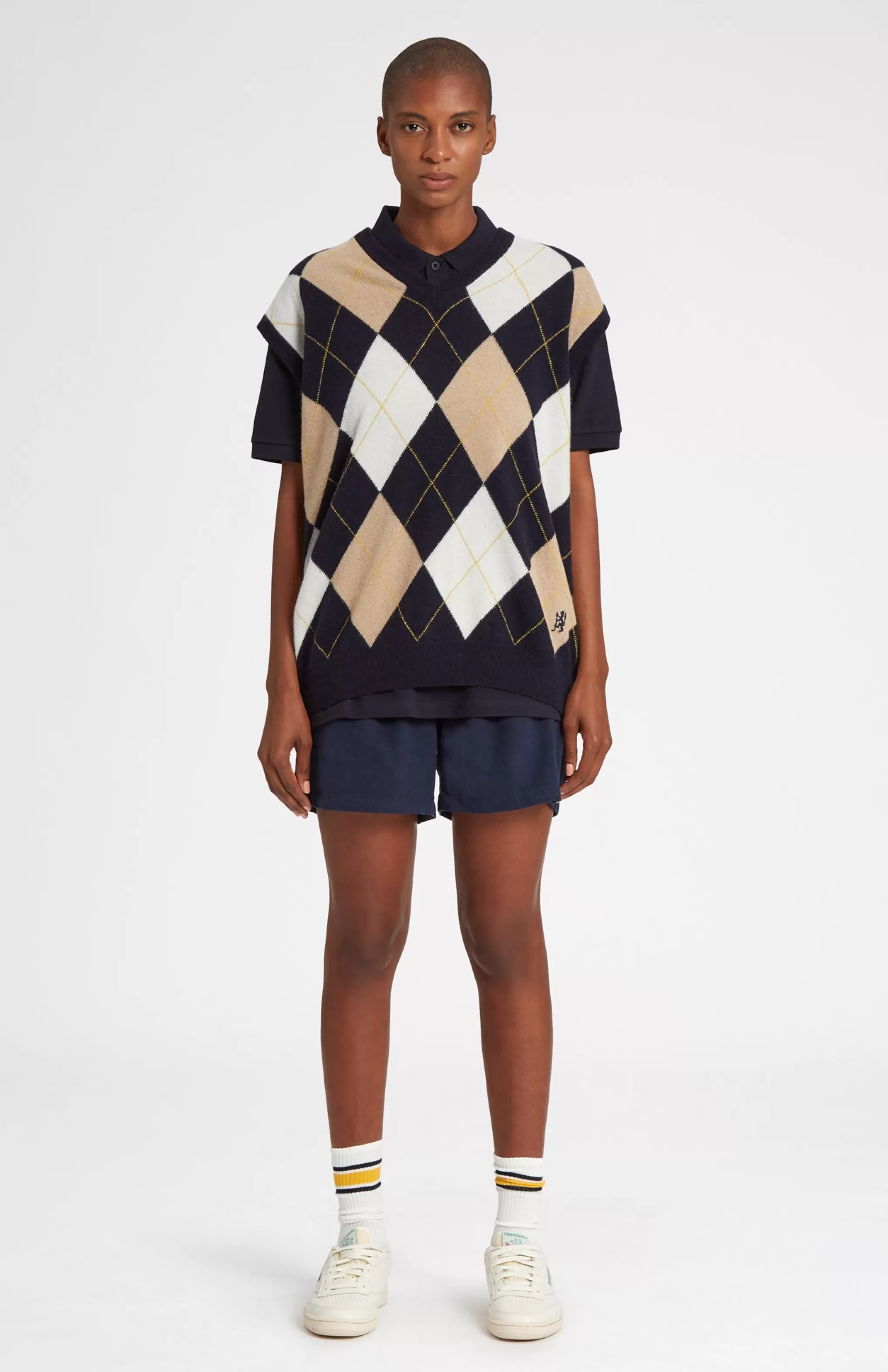 Sale Unisex Allover Argyle Heritage Golf Sleeveless Jumper In Navy And Camel Men/Women V Neck Knits