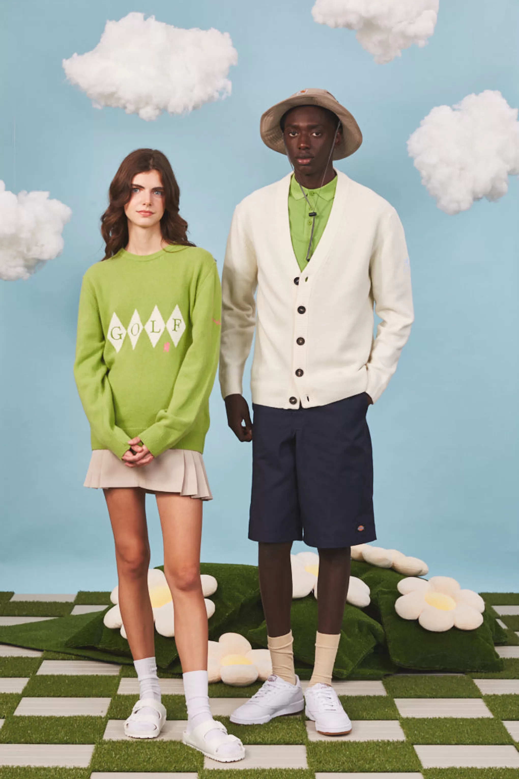 New Unisex Diamond Motif Heritage Golf Jumper In Green And Ivory Men/Women Round Neck Knits
