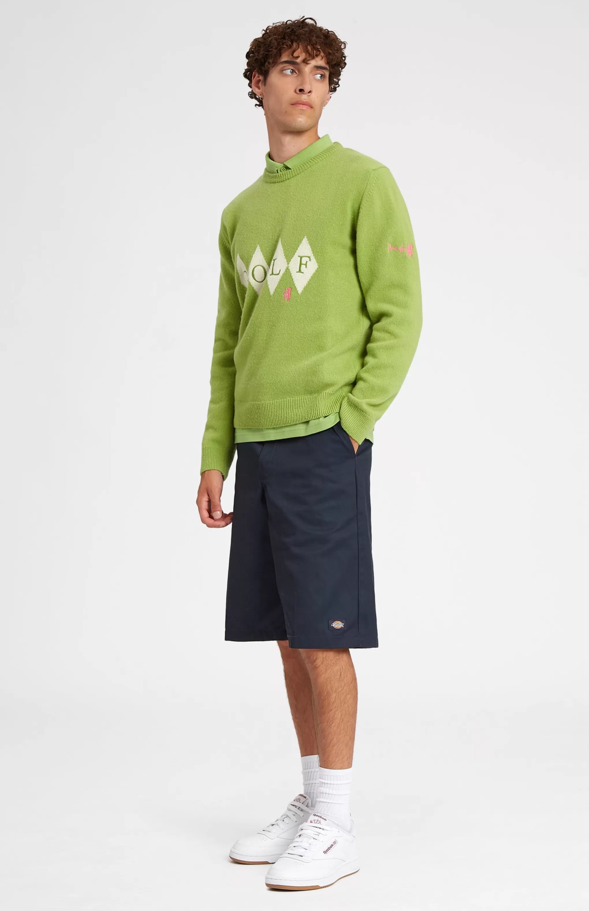 New Unisex Diamond Motif Heritage Golf Jumper In Green And Ivory Men/Women Round Neck Knits