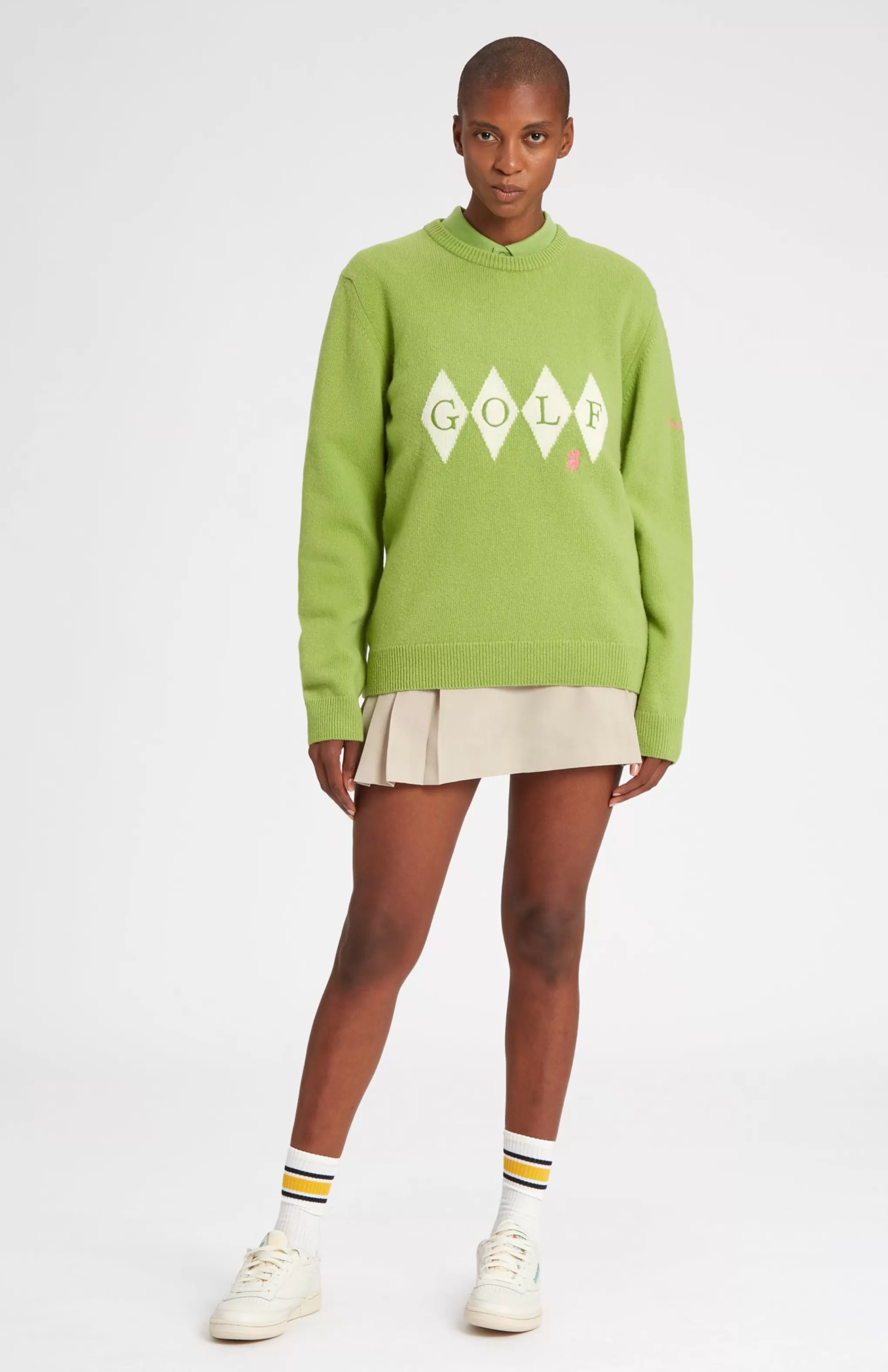 New Unisex Diamond Motif Heritage Golf Jumper In Green And Ivory Men/Women Round Neck Knits
