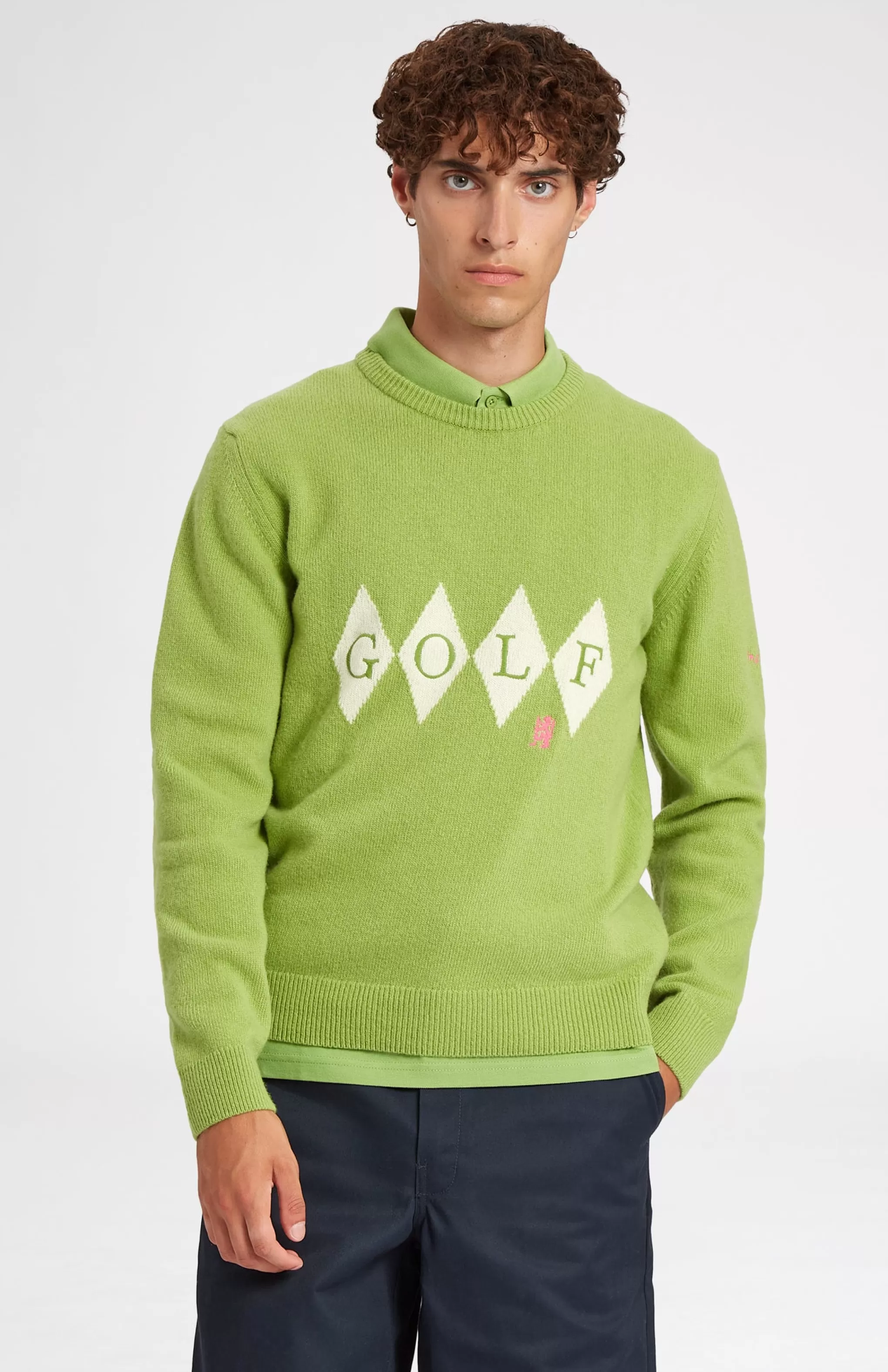 New Unisex Diamond Motif Heritage Golf Jumper In Green And Ivory Men/Women Round Neck Knits
