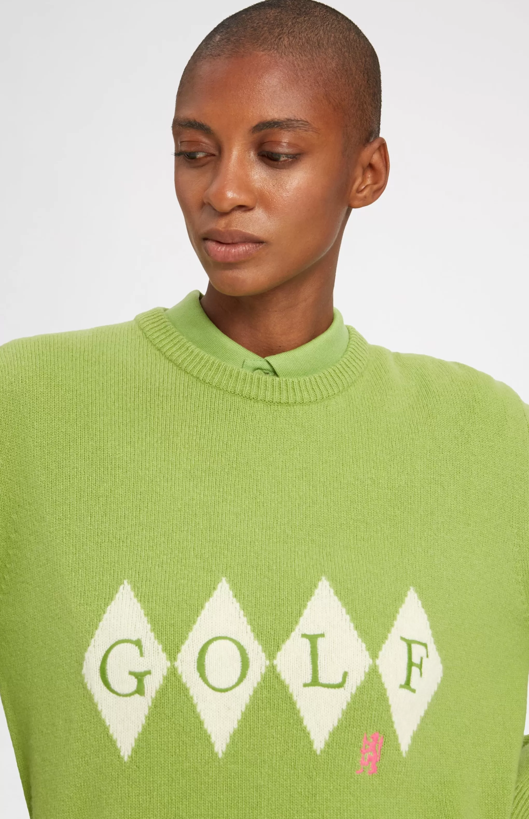 New Unisex Diamond Motif Heritage Golf Jumper In Green And Ivory Men/Women Round Neck Knits
