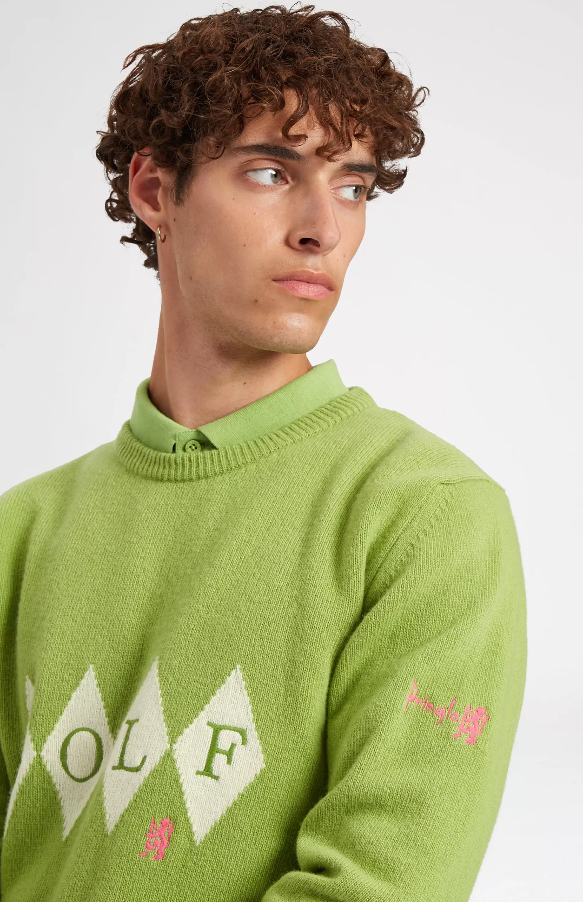 New Unisex Diamond Motif Heritage Golf Jumper In Green And Ivory Men/Women Round Neck Knits
