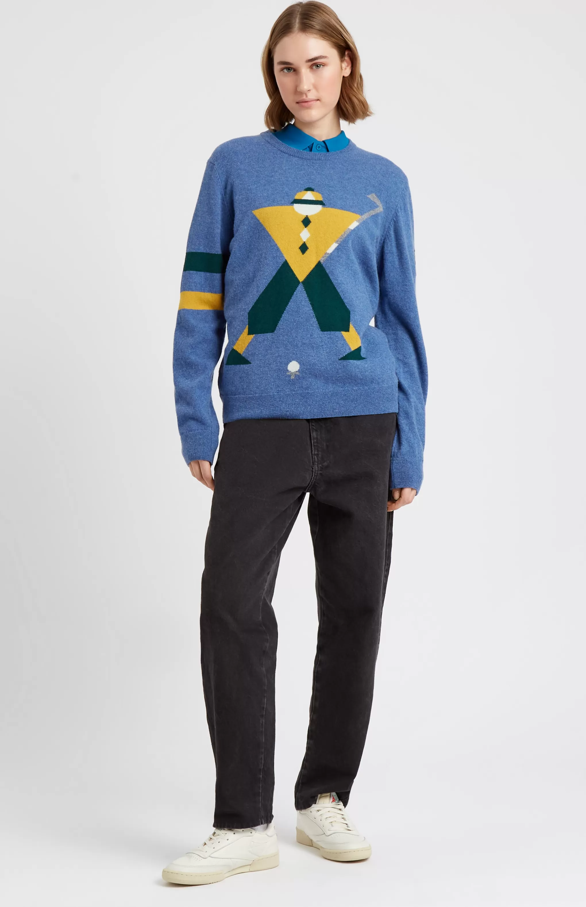 Cheap Unisex Round Neck Geometric George Golf Jumper In Denim. Men Jumpers