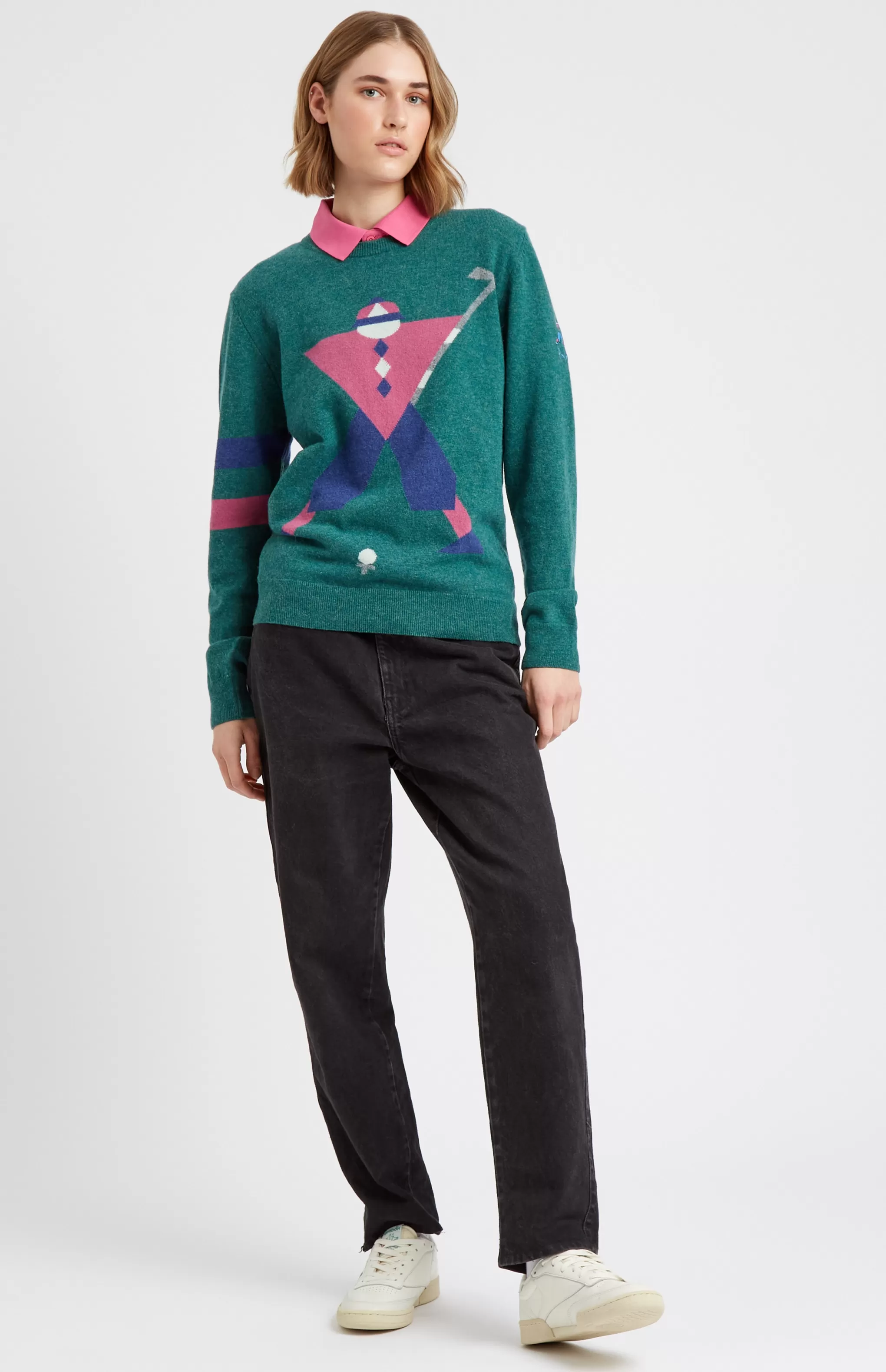 Shop Unisex Round Neck Geometric George Golf Jumper In Teal Men Jumpers