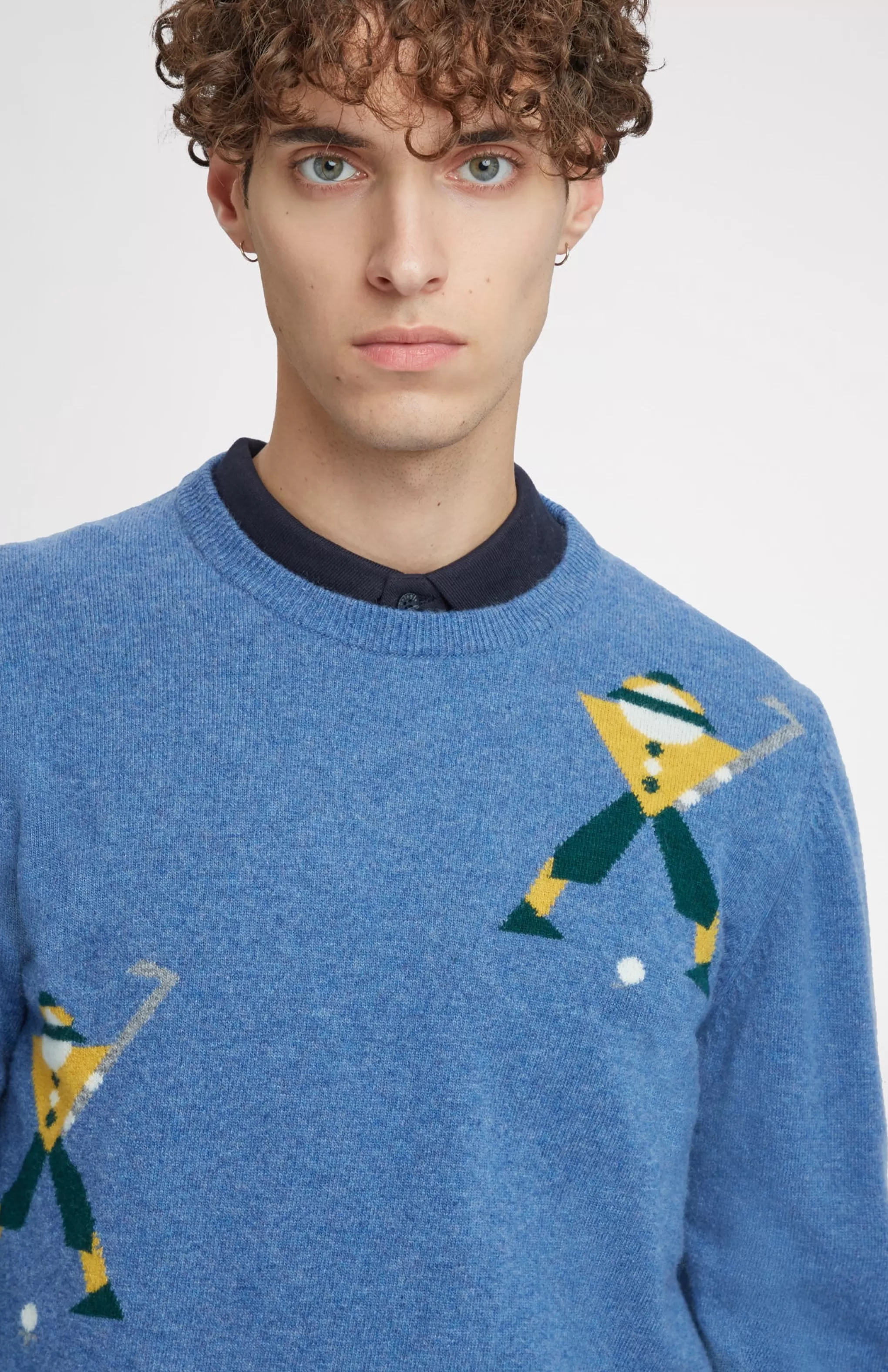 New Unisex Round Neck Multi Geometric George Golf Jumper In Denim. Men Jumpers