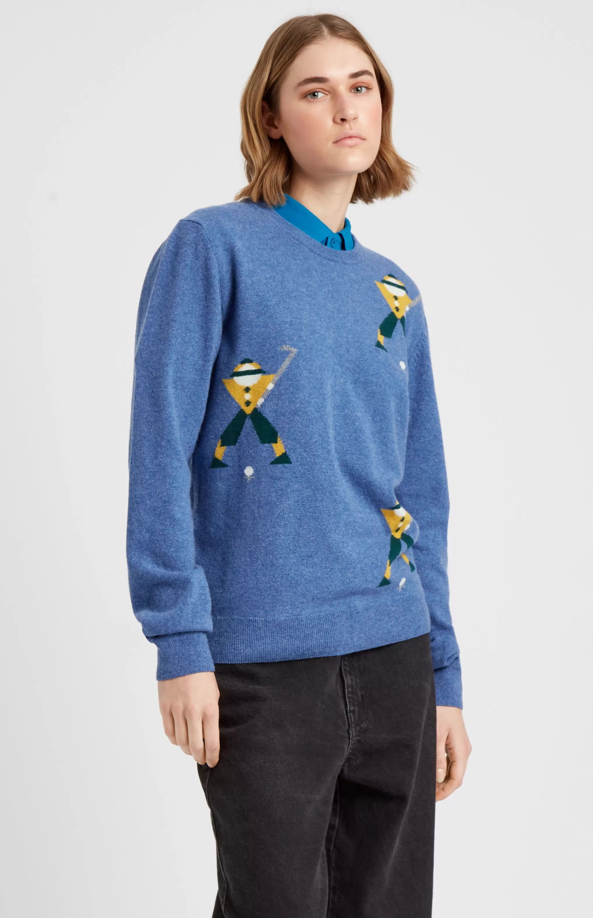 New Unisex Round Neck Multi Geometric George Golf Jumper In Denim. Men Jumpers