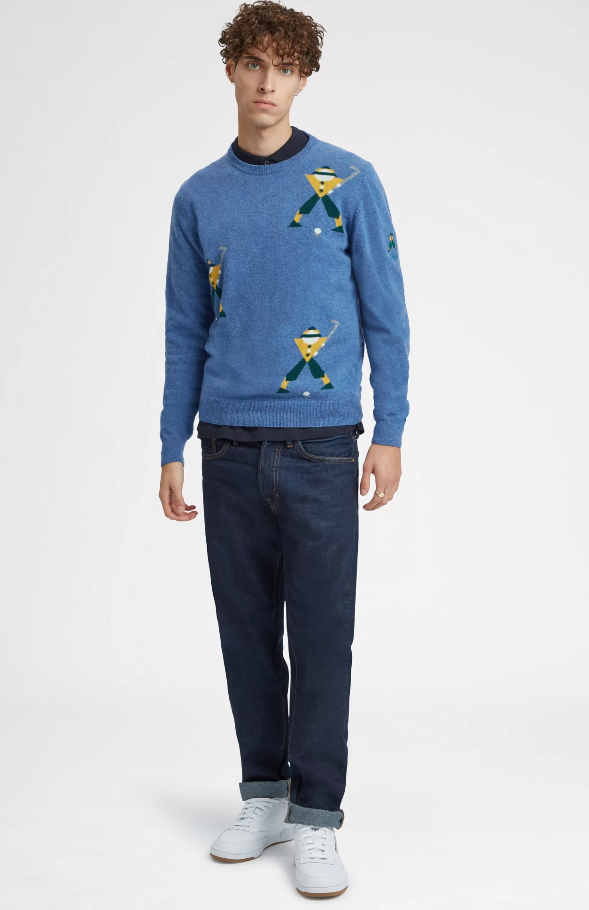 New Unisex Round Neck Multi Geometric George Golf Jumper In Denim. Men Jumpers