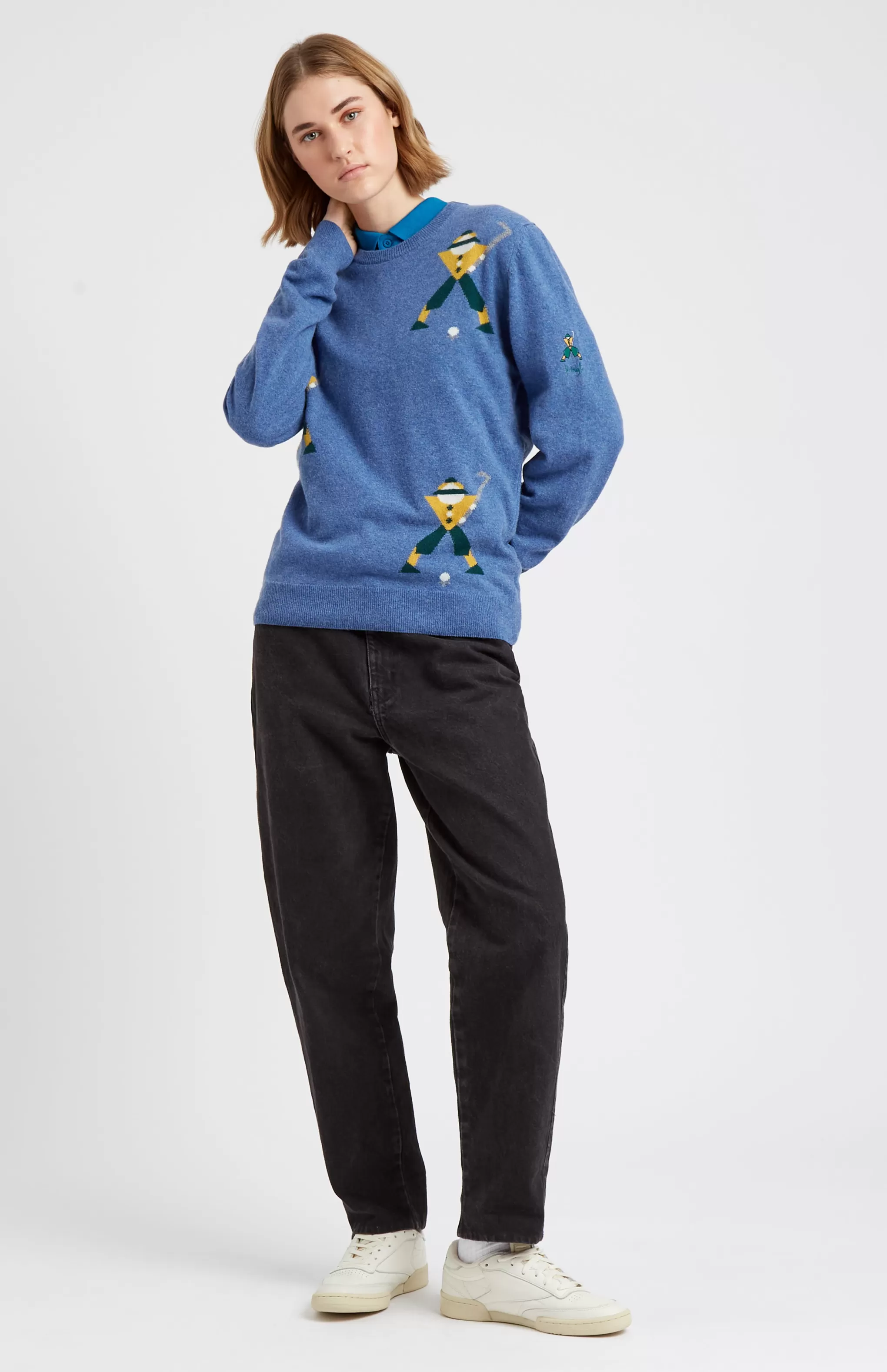 New Unisex Round Neck Multi Geometric George Golf Jumper In Denim. Men Jumpers