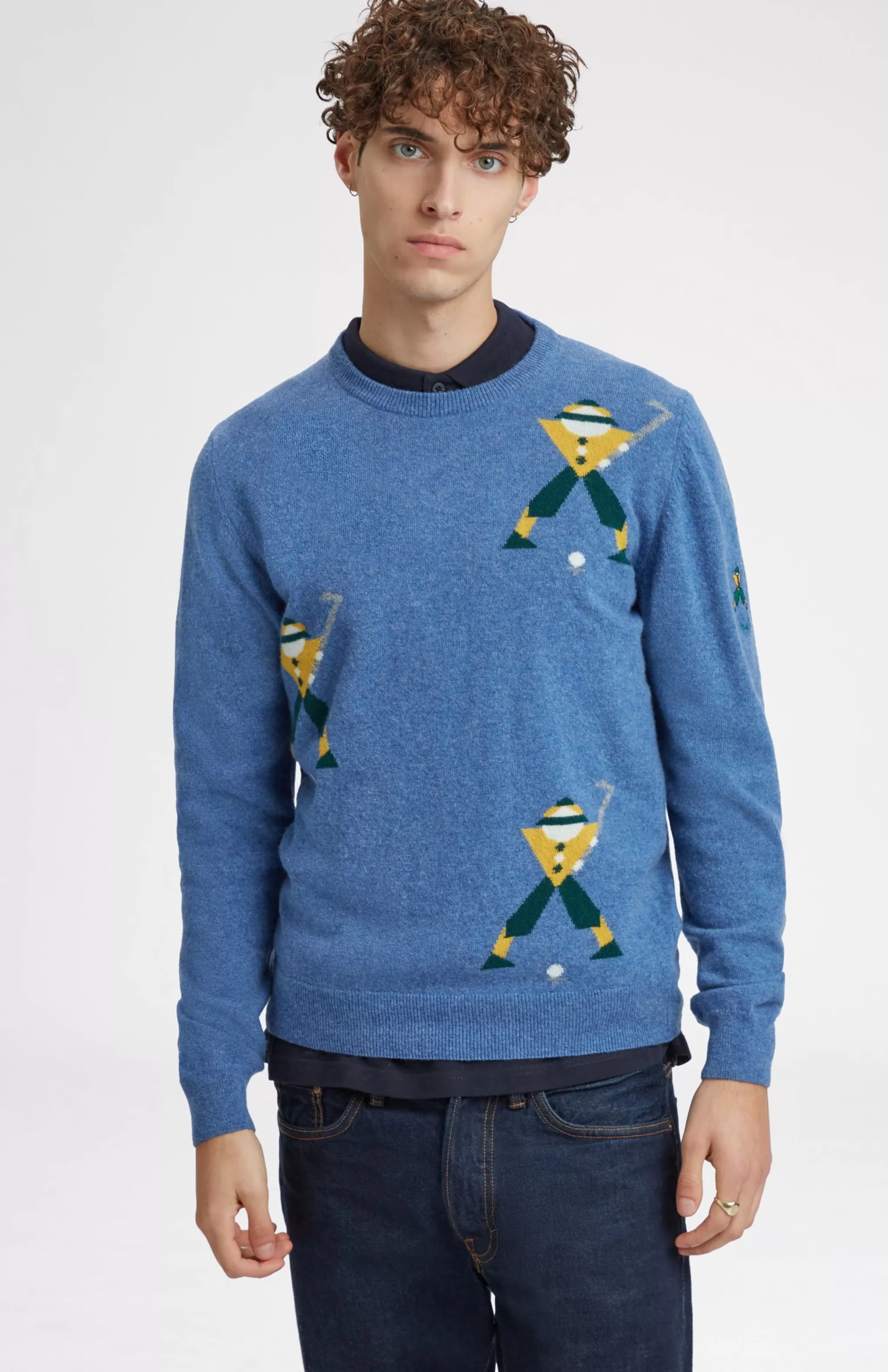 New Unisex Round Neck Multi Geometric George Golf Jumper In Denim. Men Jumpers