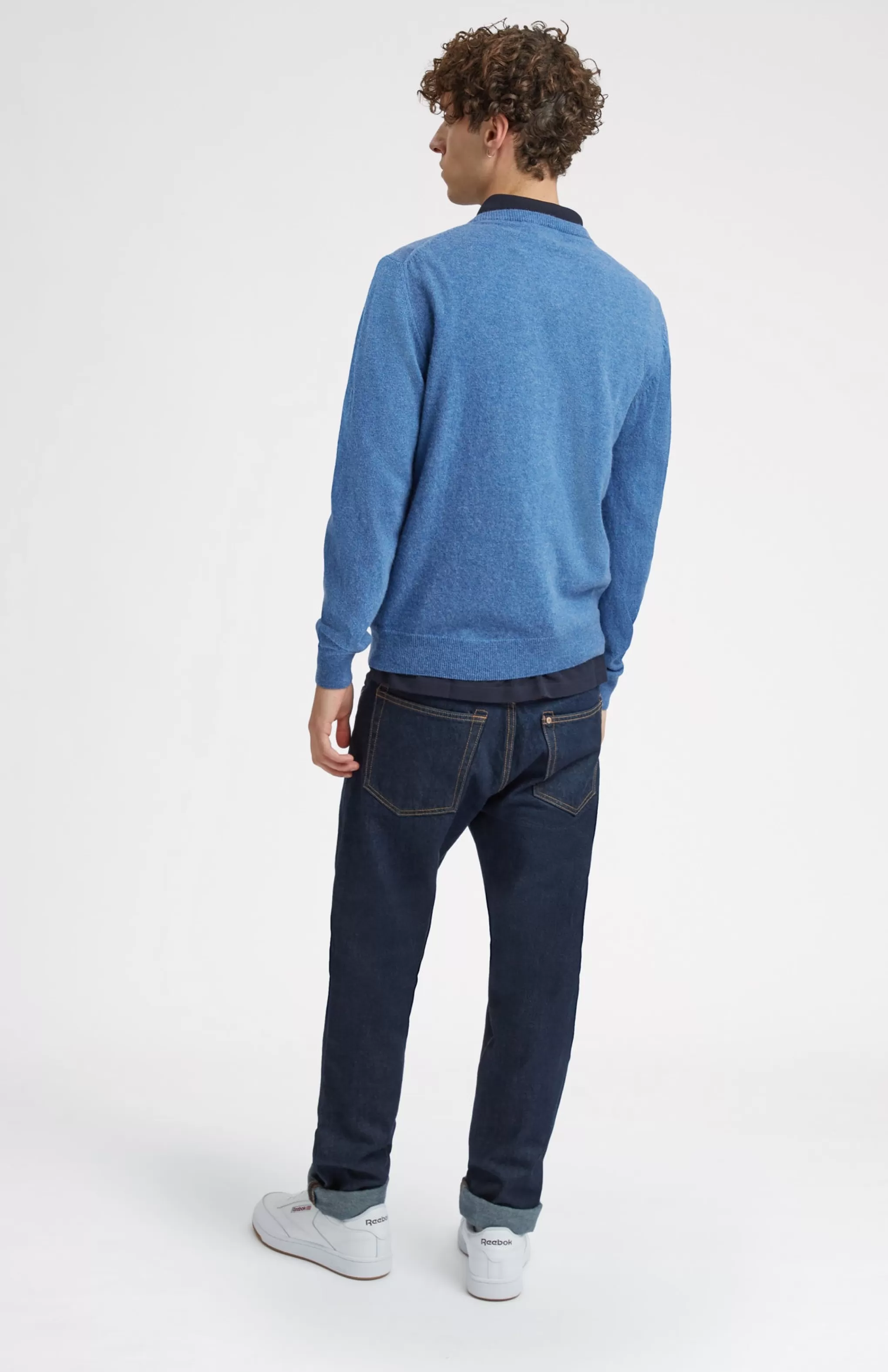 New Unisex Round Neck Multi Geometric George Golf Jumper In Denim. Men Jumpers