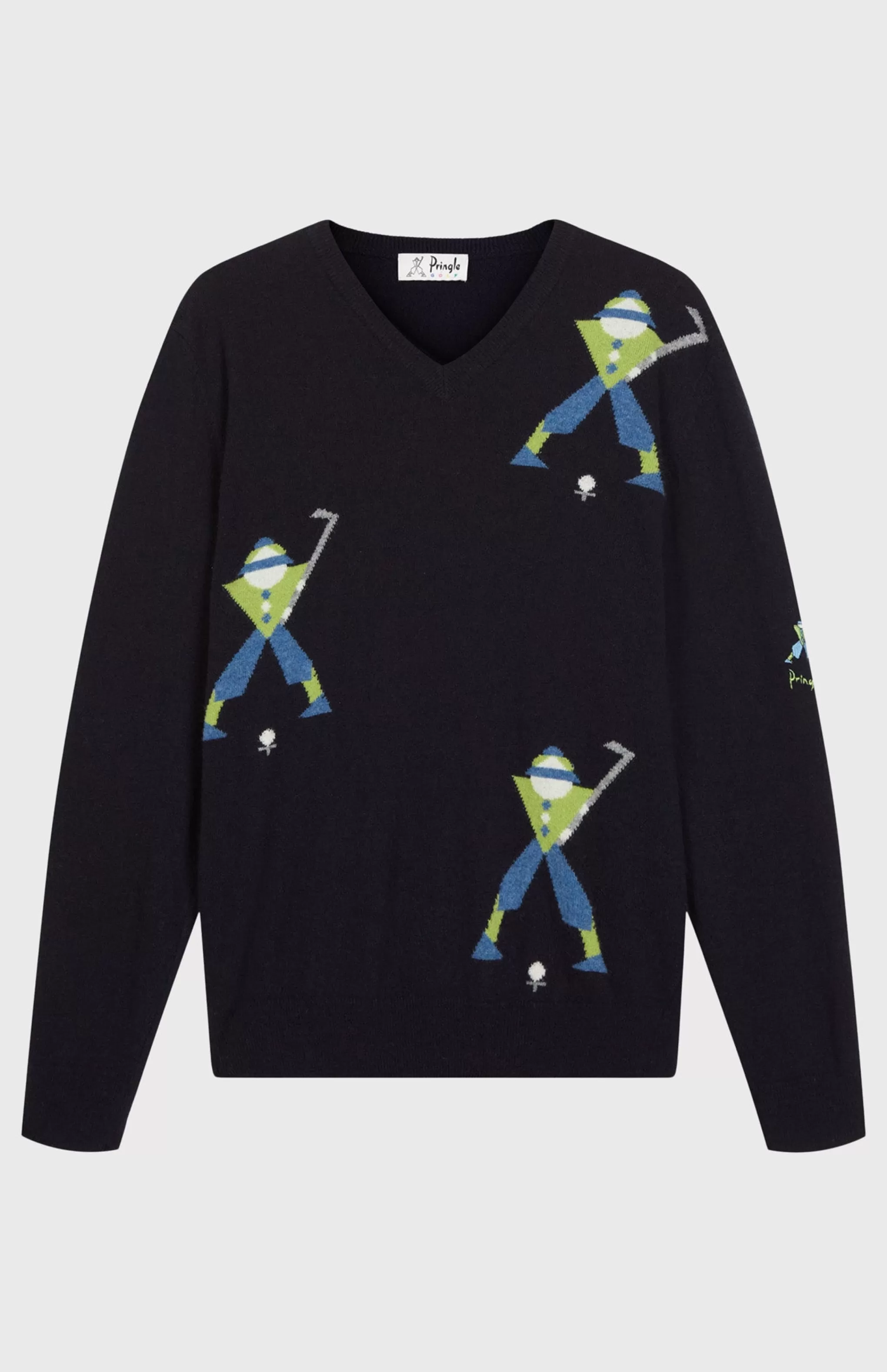 Best Sale Unisex Round Neck Multi Geometric George Golf Jumper In Navy. Men Jumpers