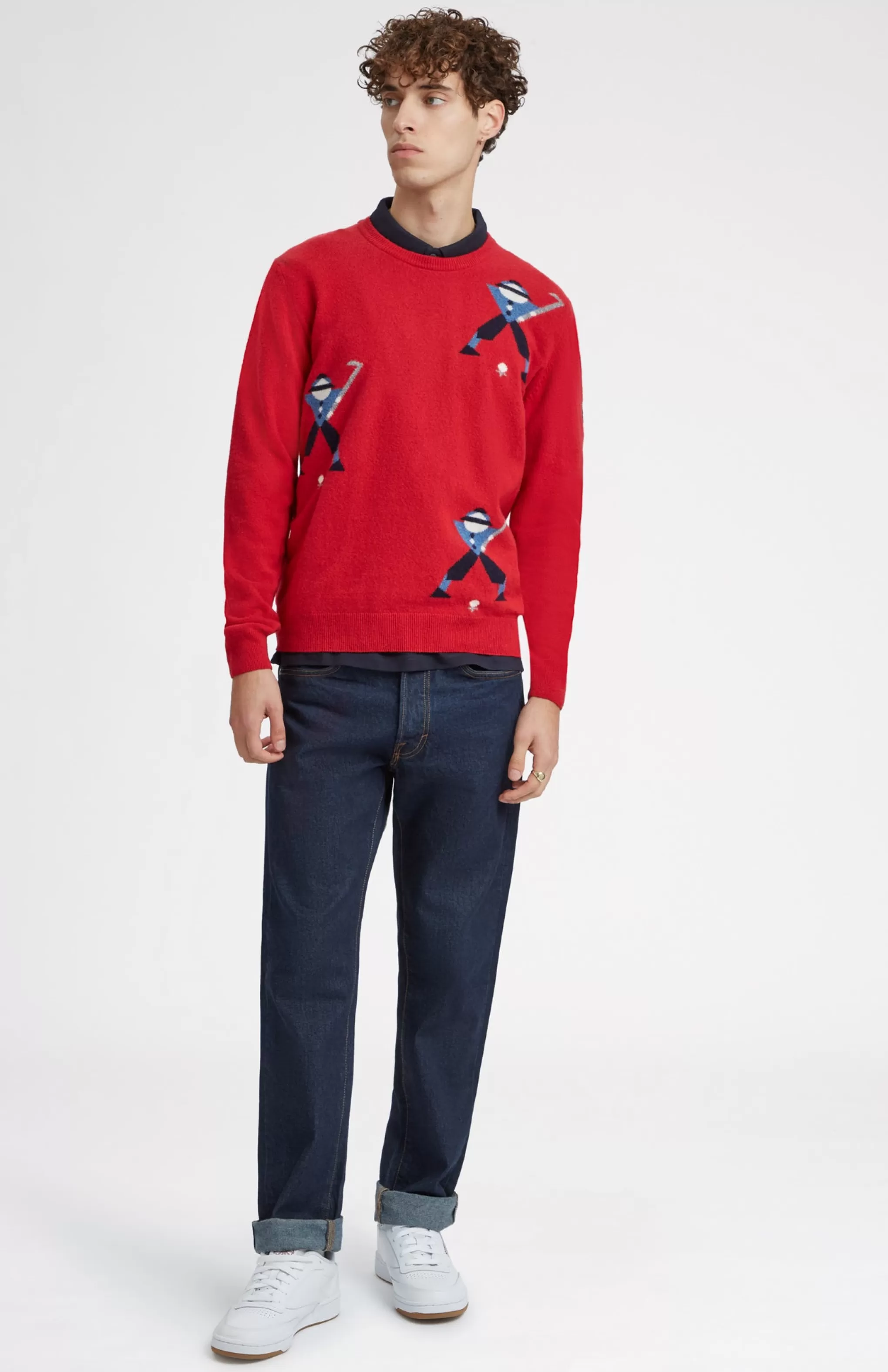 Online Unisex Round Neck Multi Geometric George Golf Jumper In Red. Men Pringle Heritage Unisex Collections