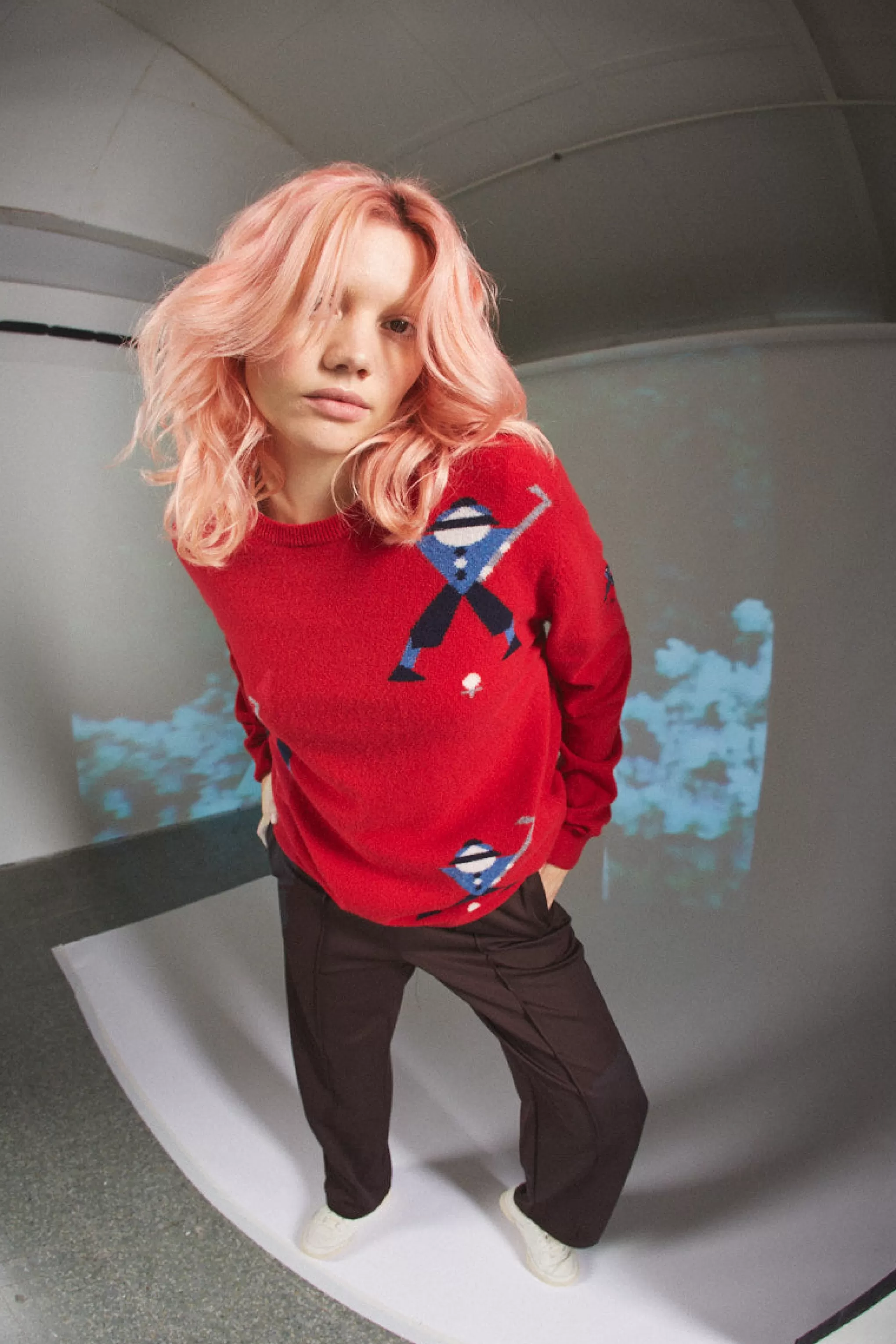 Online Unisex Round Neck Multi Geometric George Golf Jumper In Red. Men Pringle Heritage Unisex Collections
