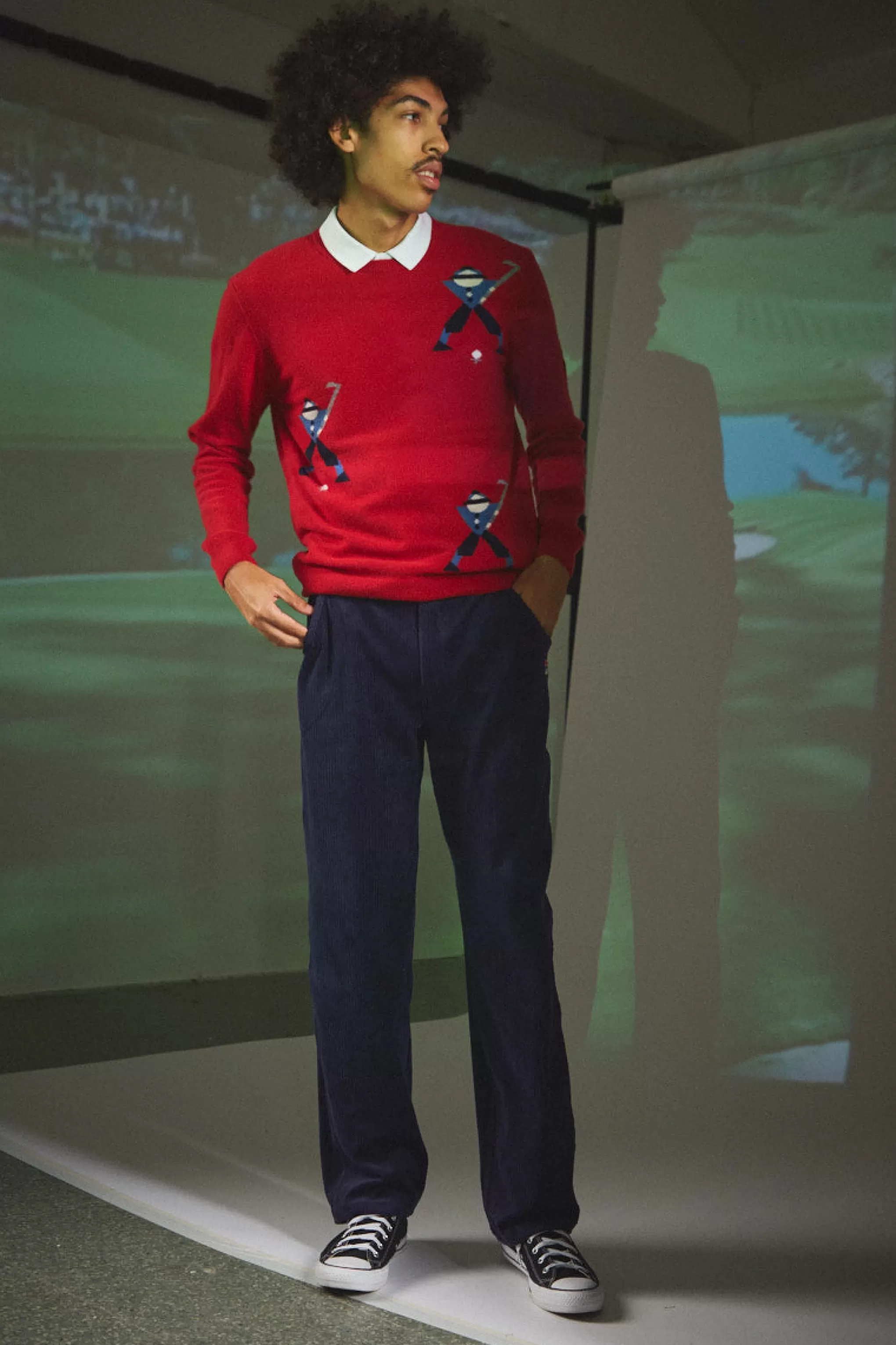 Online Unisex Round Neck Multi Geometric George Golf Jumper In Red. Men Pringle Heritage Unisex Collections