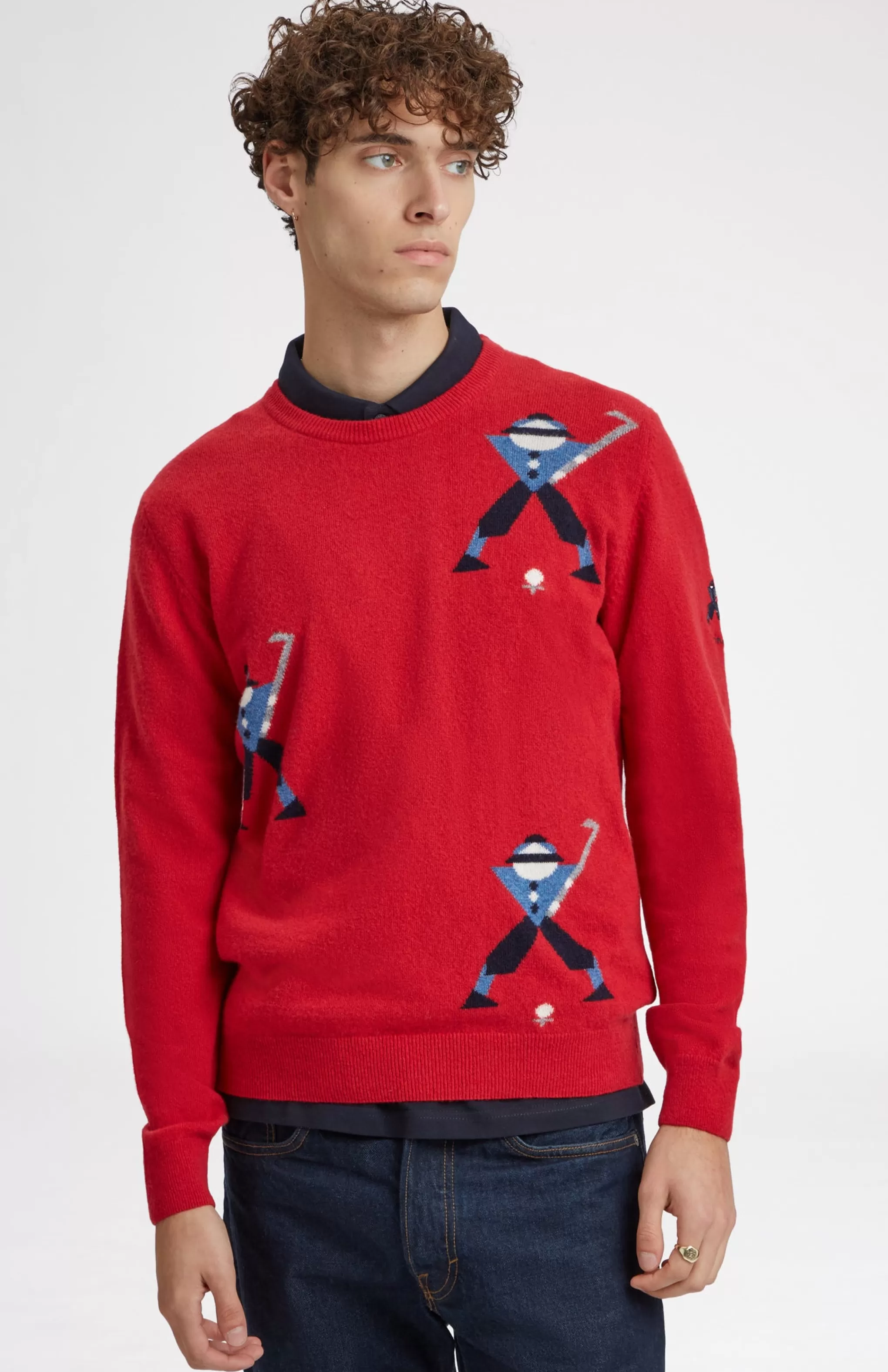 Online Unisex Round Neck Multi Geometric George Golf Jumper In Red. Men Pringle Heritage Unisex Collections